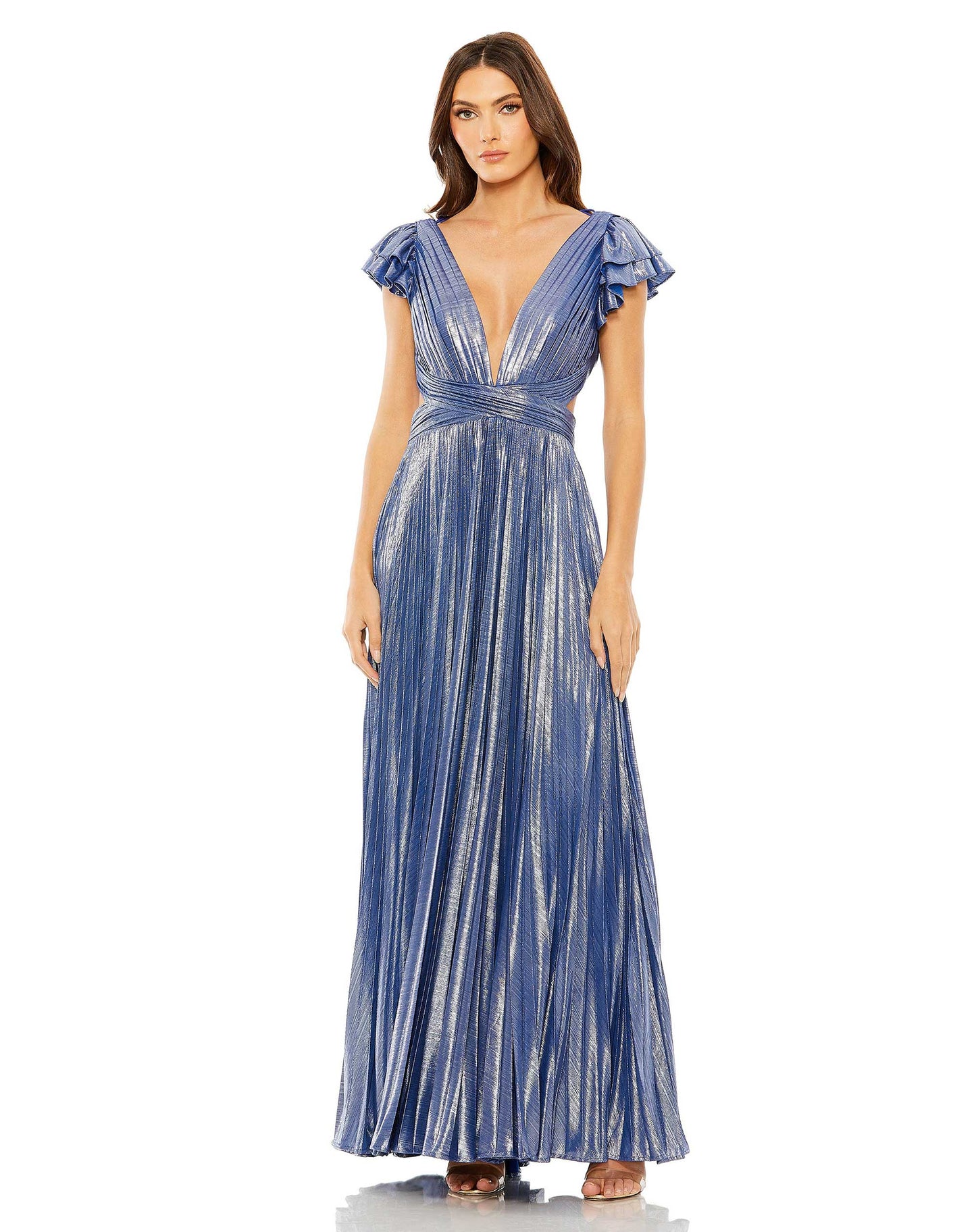 Ruffle Sleeve Cutout Pleated Metallic Gown