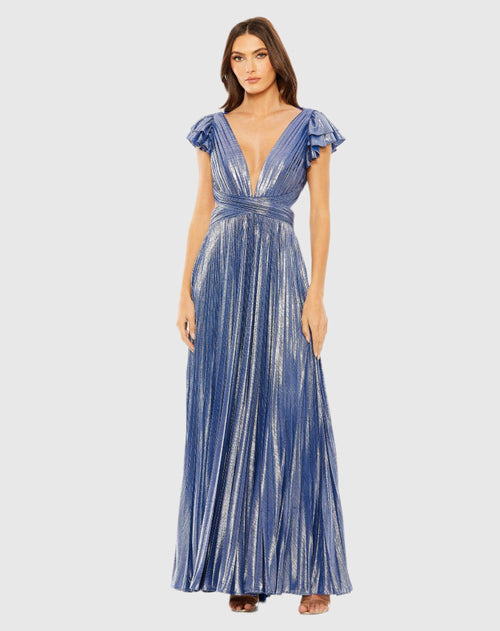 Ruffle Sleeve Cutout Pleated Metallic Gown