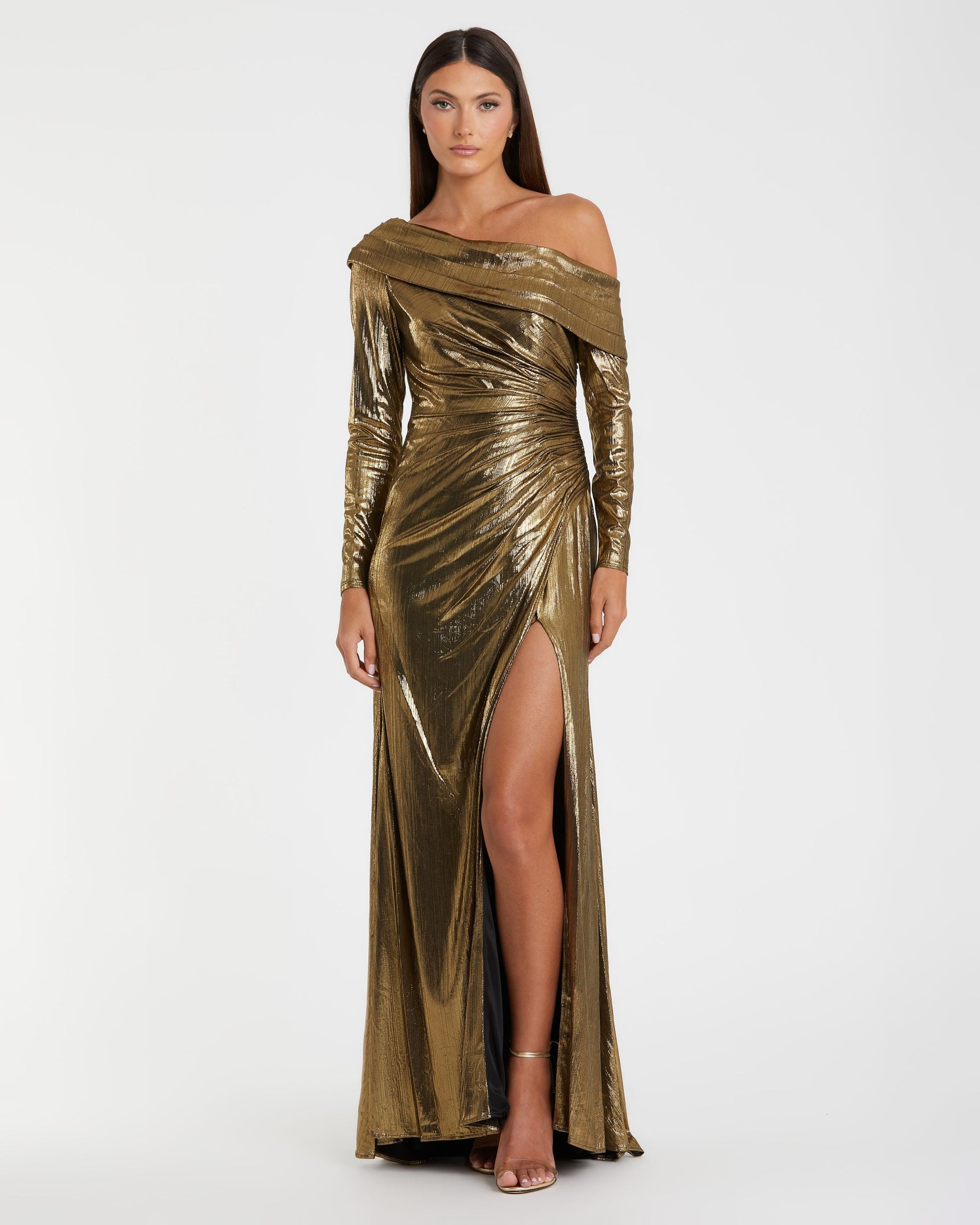 Long Sleeve Off the Shoulder Metallic Gown