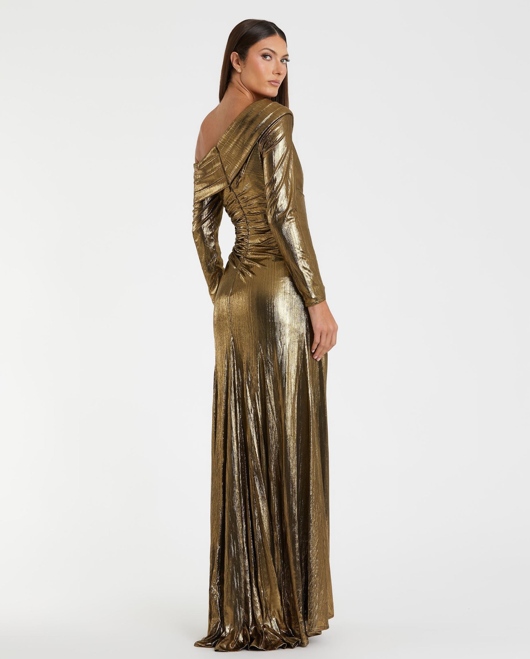 Long Sleeve Off the Shoulder Metallic Gown