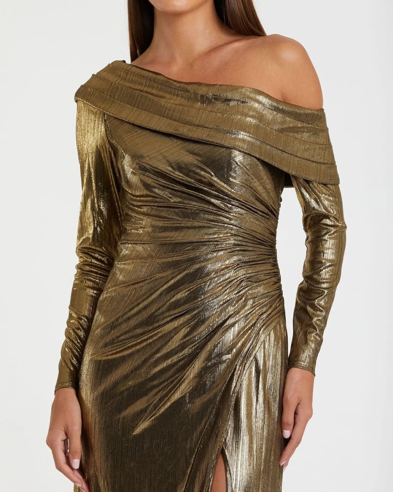 Gold Long Sleeve Off the Shoulder Metallic Gown Gold Long Sleeve Off the Shoulder Metallic Gown