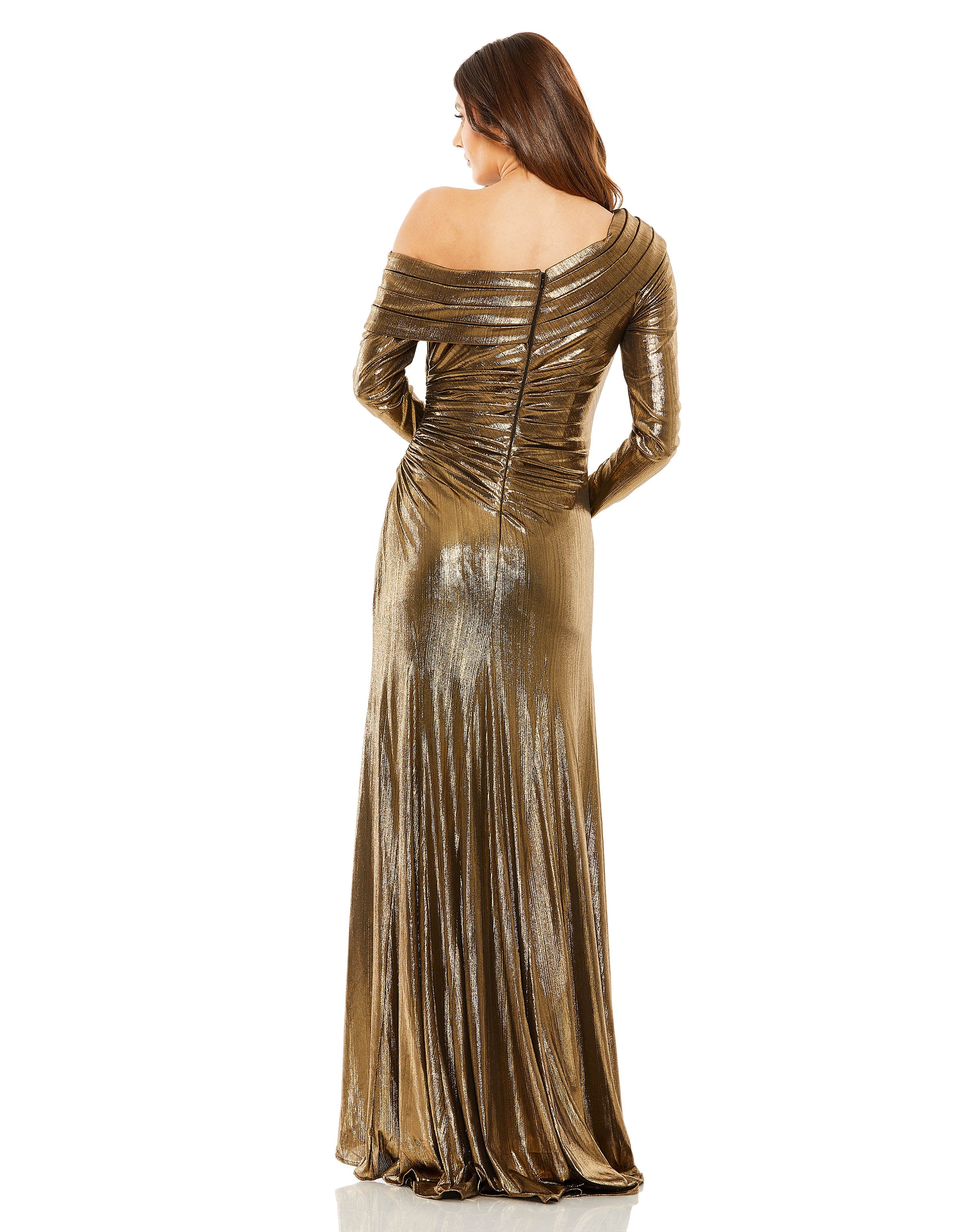 Long Sleeve Off the Shoulder Metallic Gown