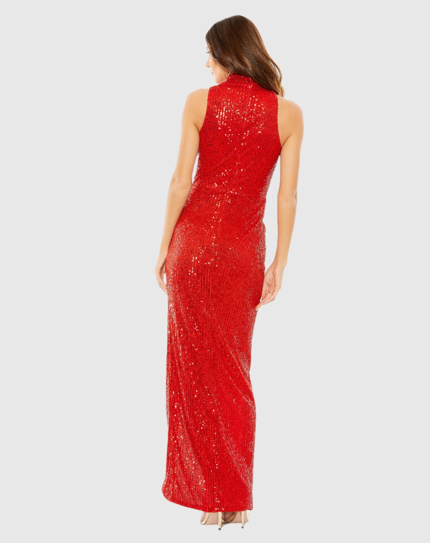 Sleeveless High Neck Gathered Waist Sequin Gown