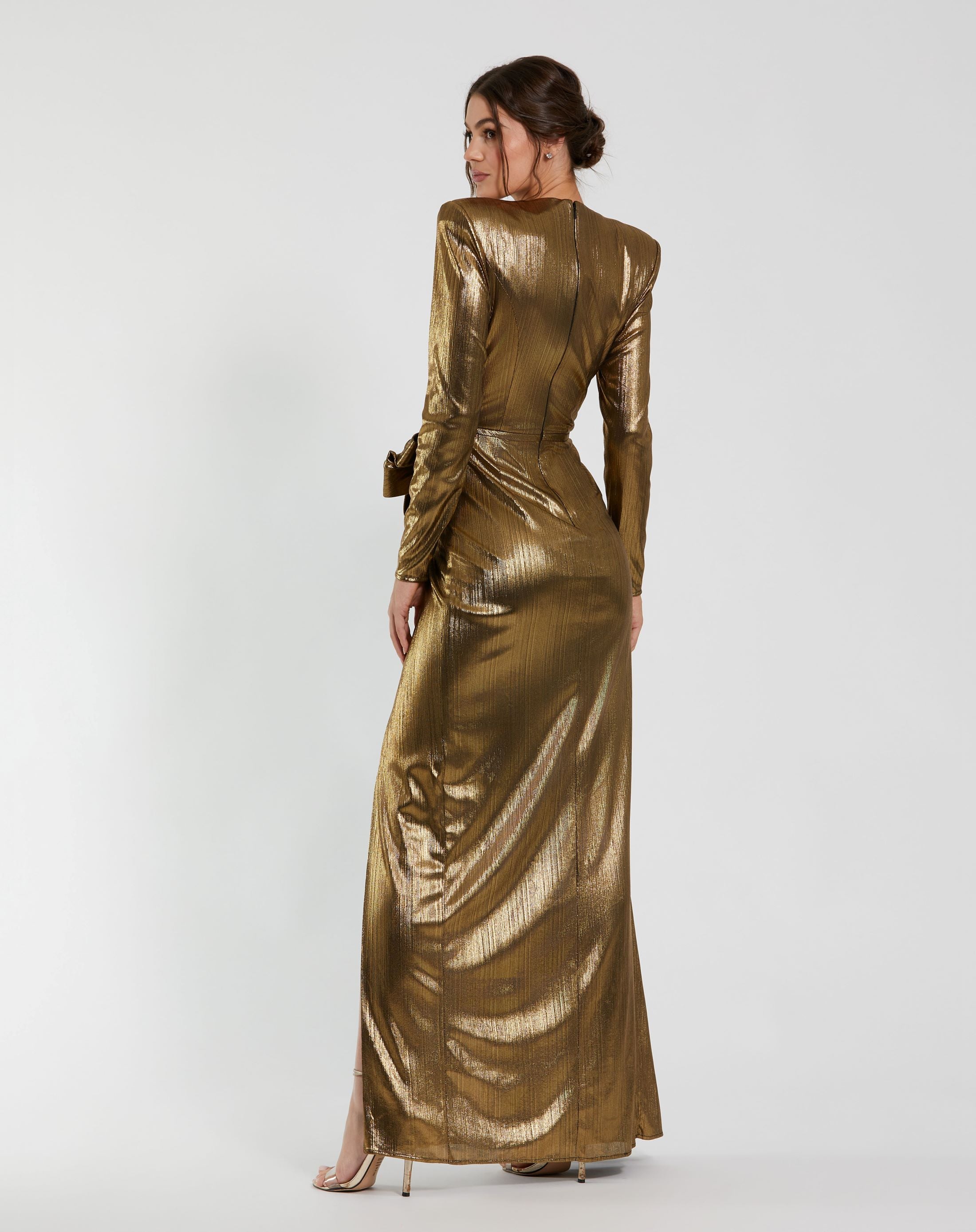 Metallic Jersey Long Sleeve Gown With Bow