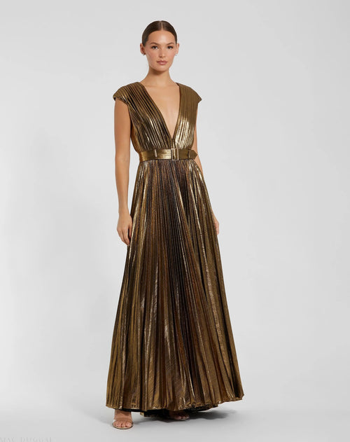 Gold Pleated Metallic Jersey Gown With Belt - Ieena for Mac Duggal