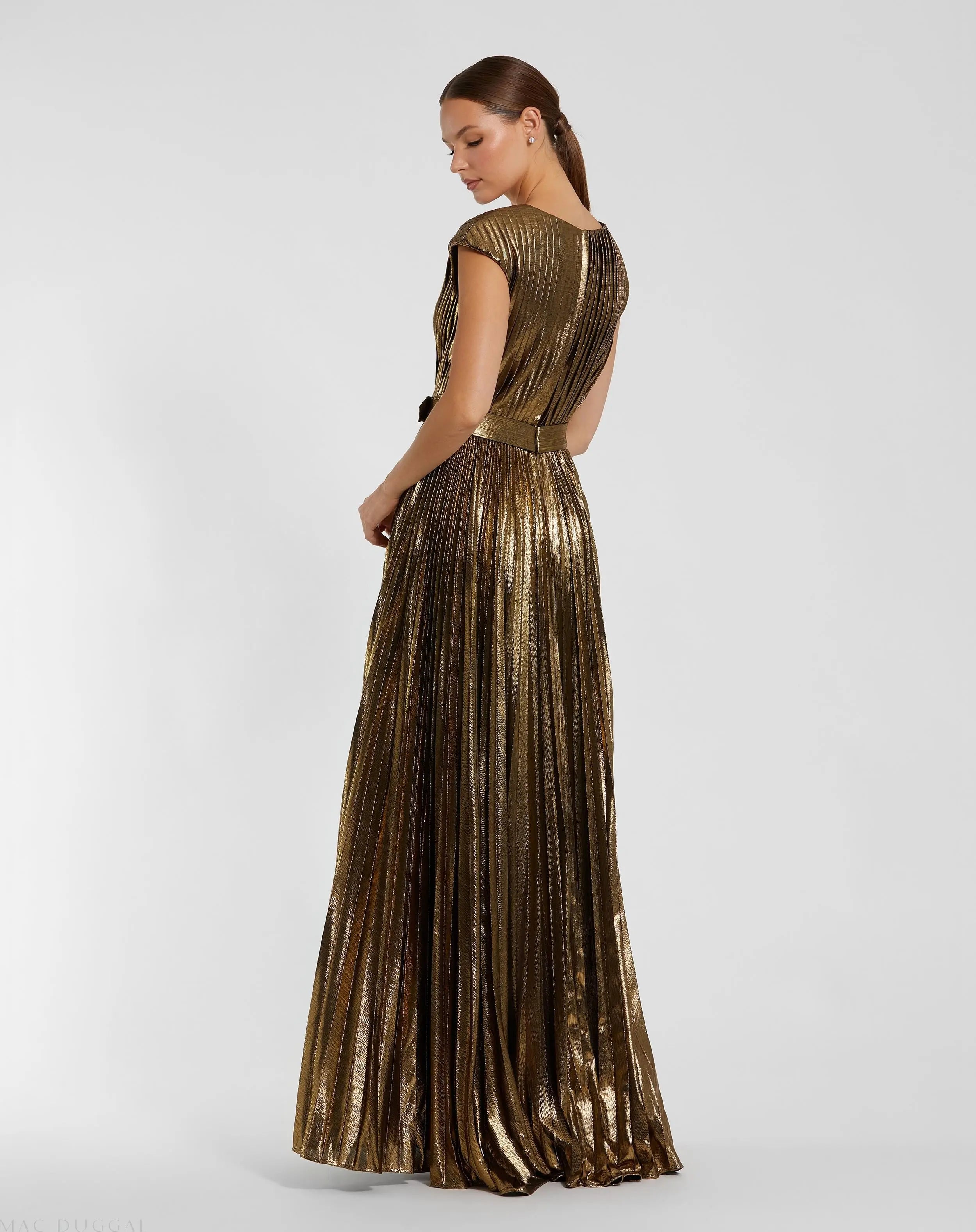 Gold Pleated Metallic Jersey Gown With Belt - Ieena for Mac Duggal