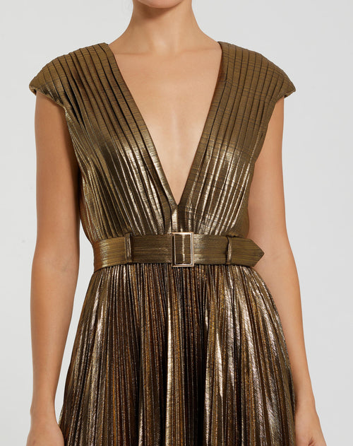 Pleated Metallic Jersey Gown With Belt