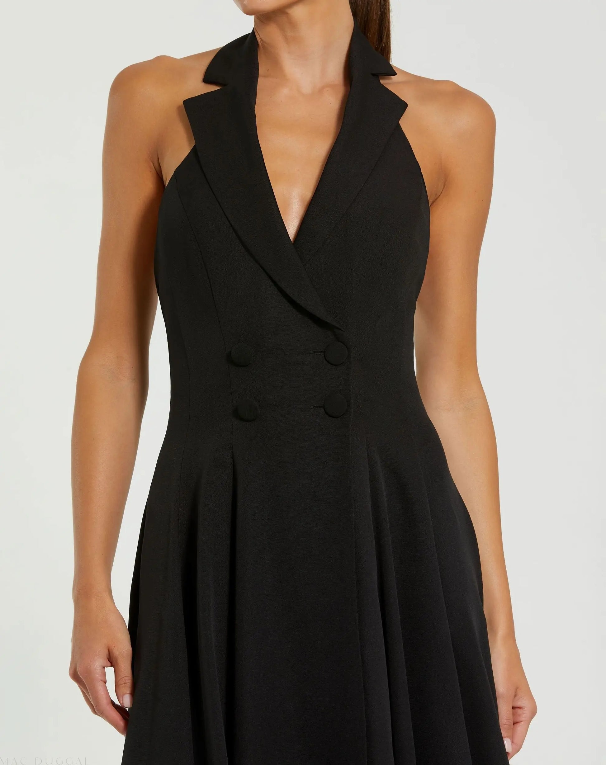 Black Halter Neck Sleeveless Blazer Midi Dress | Mac Duggal Black Halter Neck Sleeveless Blazer Midi Dress | Mac Duggal