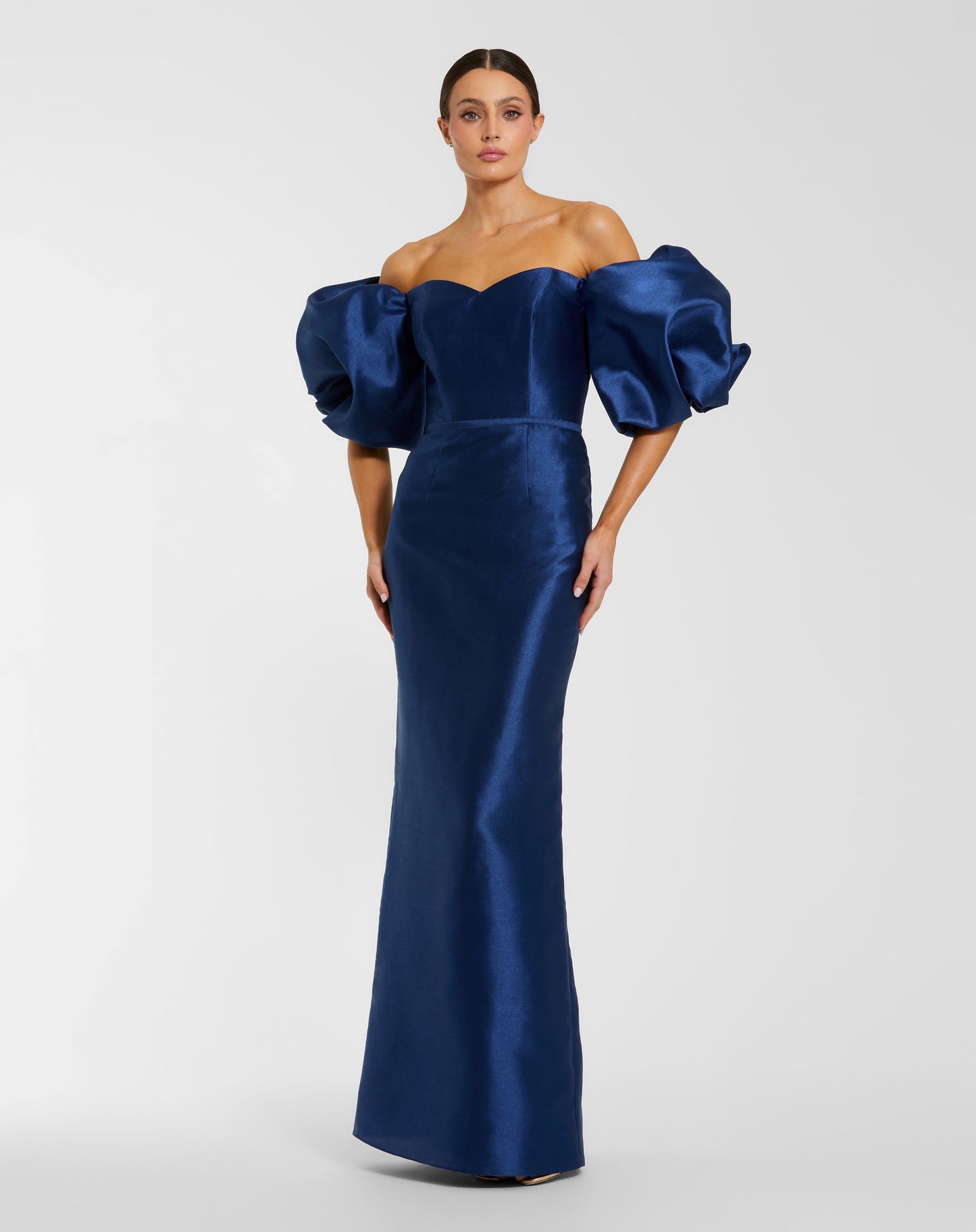 Blue Off The Shoulder Puff Sleeve Satin Evening Gown - Ieena for Mac Duggal