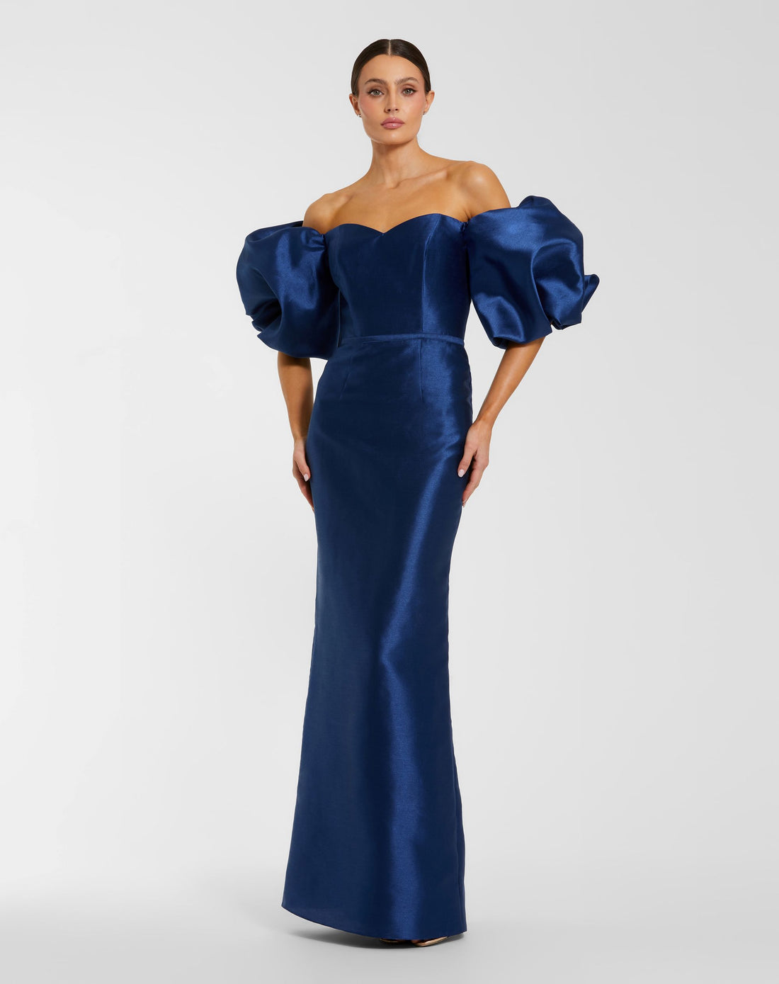 Blue Off The Shoulder Puff Sleeve Satin Evening Gown - Ieena for Mac Duggal