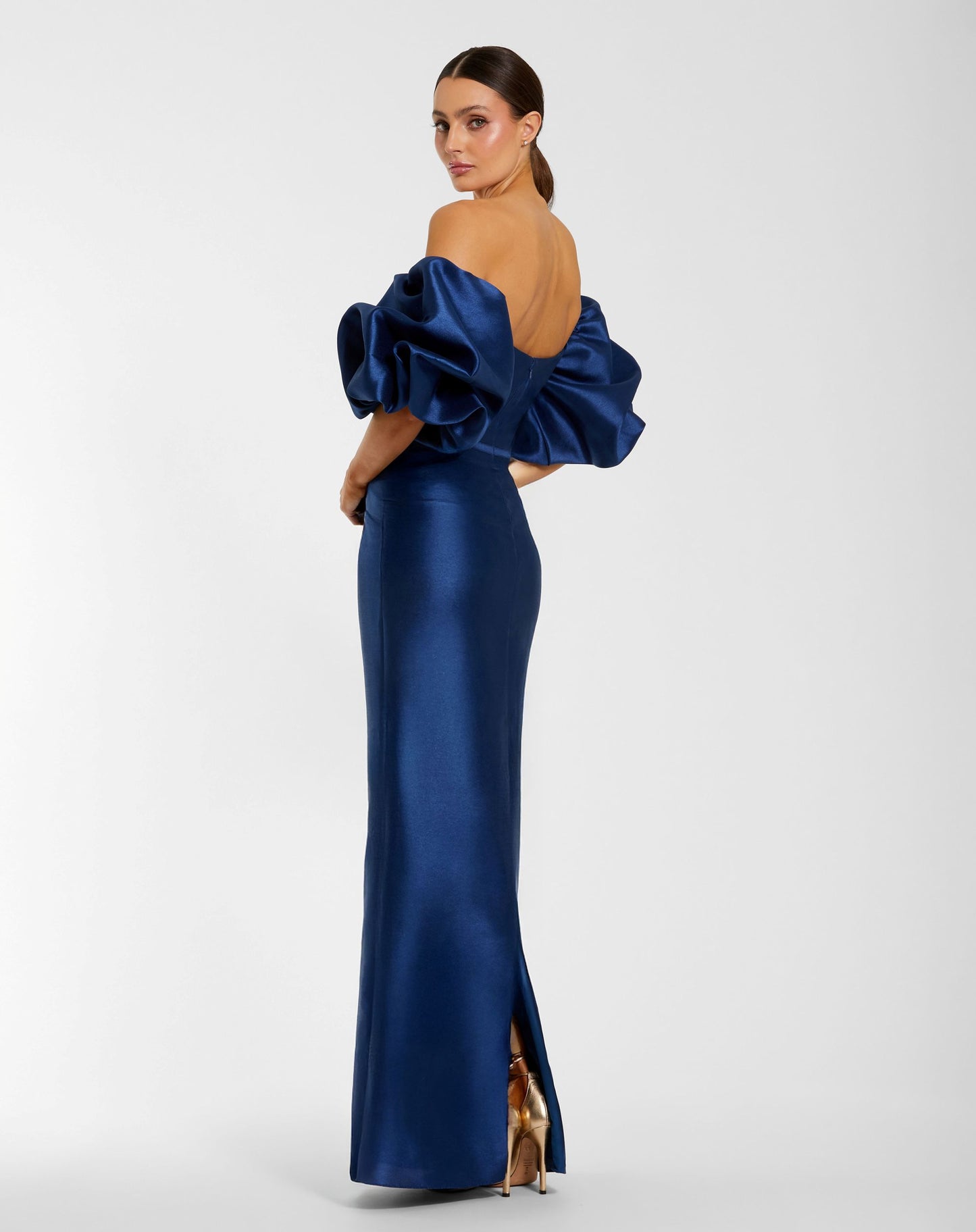 Blue Off The Shoulder Puff Sleeve Satin Evening Gown - Ieena for Mac Duggal