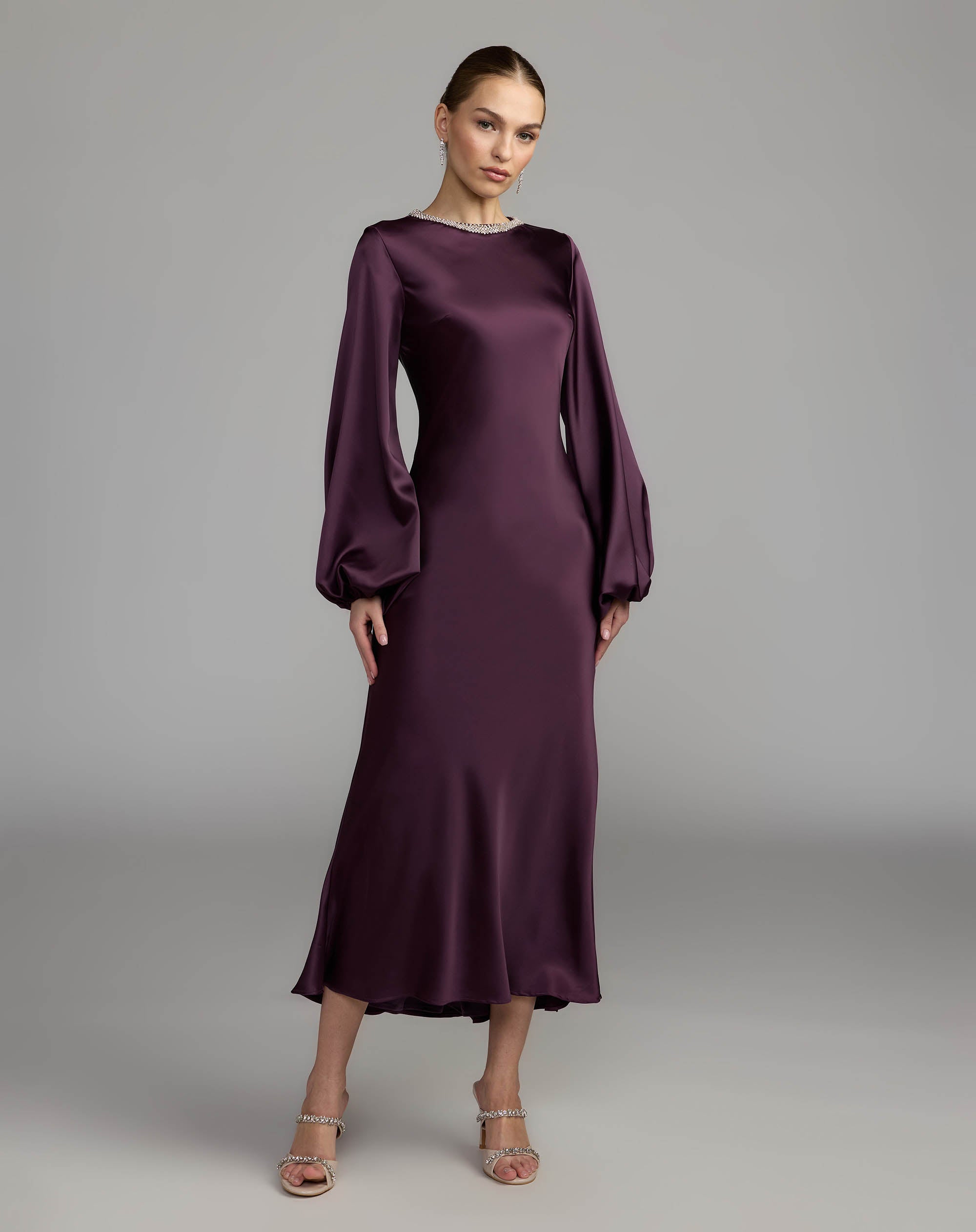 Deep Purple High Neck Long Sleeve Crystal Detail Dress Ieena for Mac Duggal