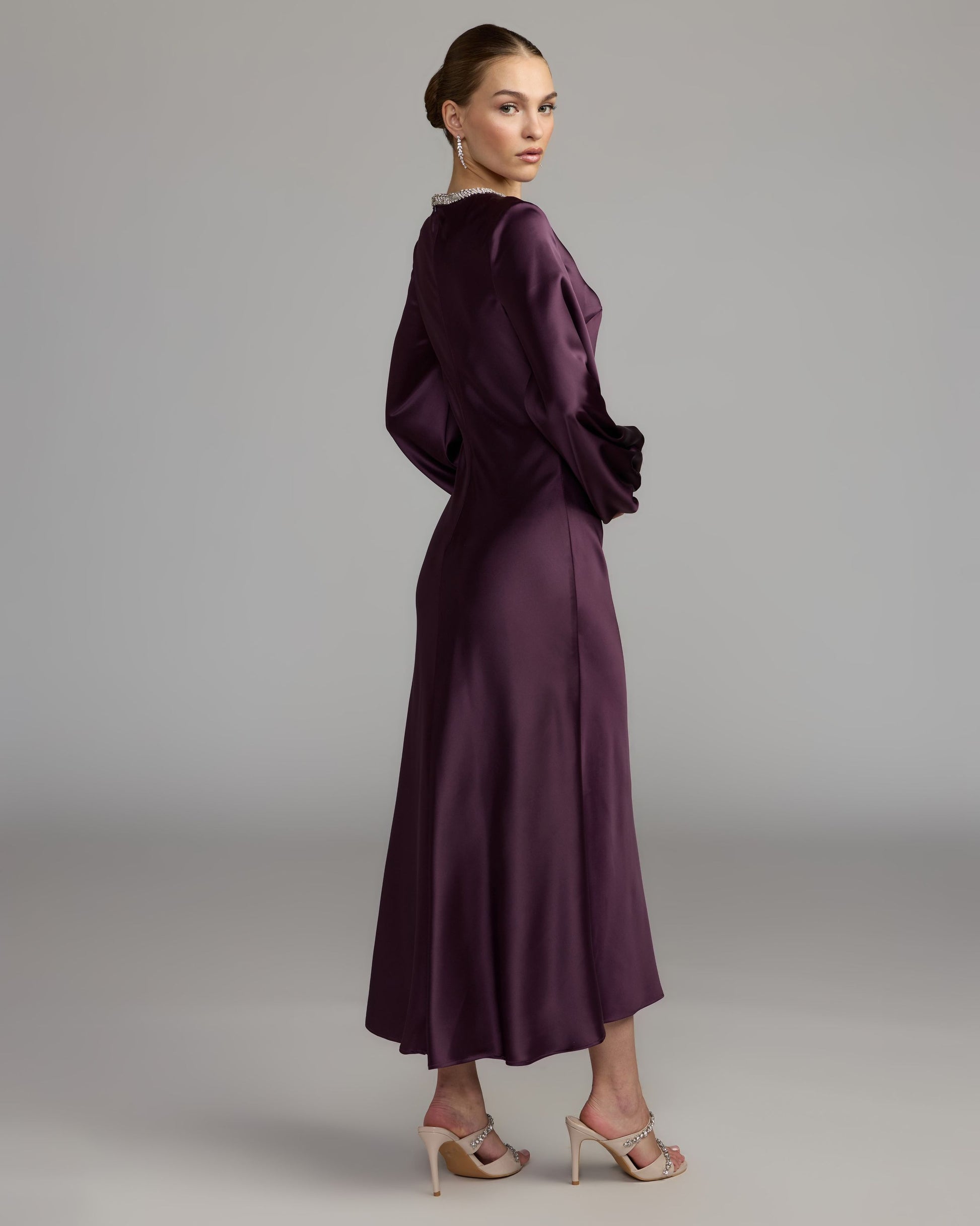 Deep Purple High Neck Long Sleeve Crystal Detail Dress Ieena for Mac Duggal