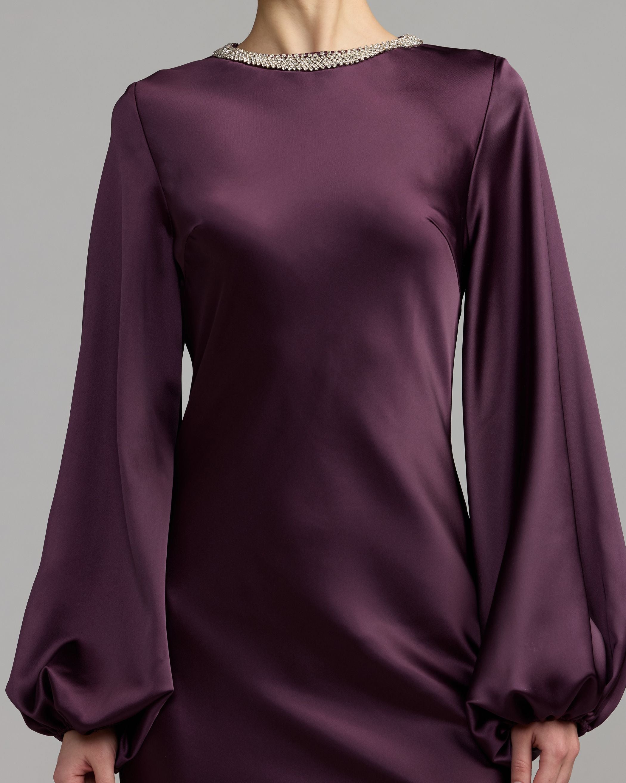 Deep Purple High Neck Long Sleeve Crystal Detail Dress Ieena for Mac Duggal