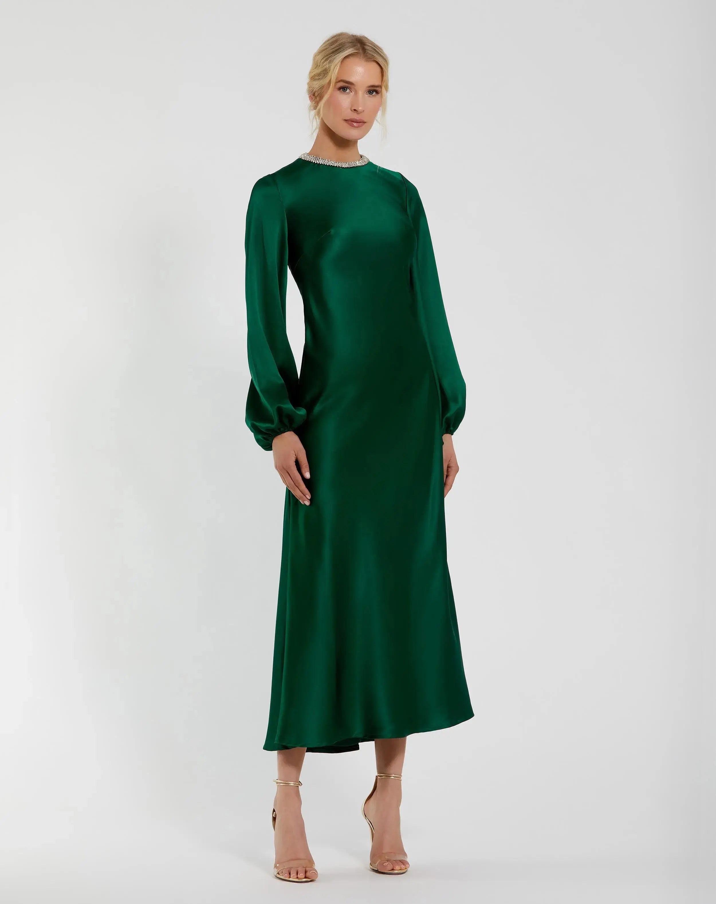 Green High Neck Long Sleeve Crystal Detail Dress - Mac Duggal