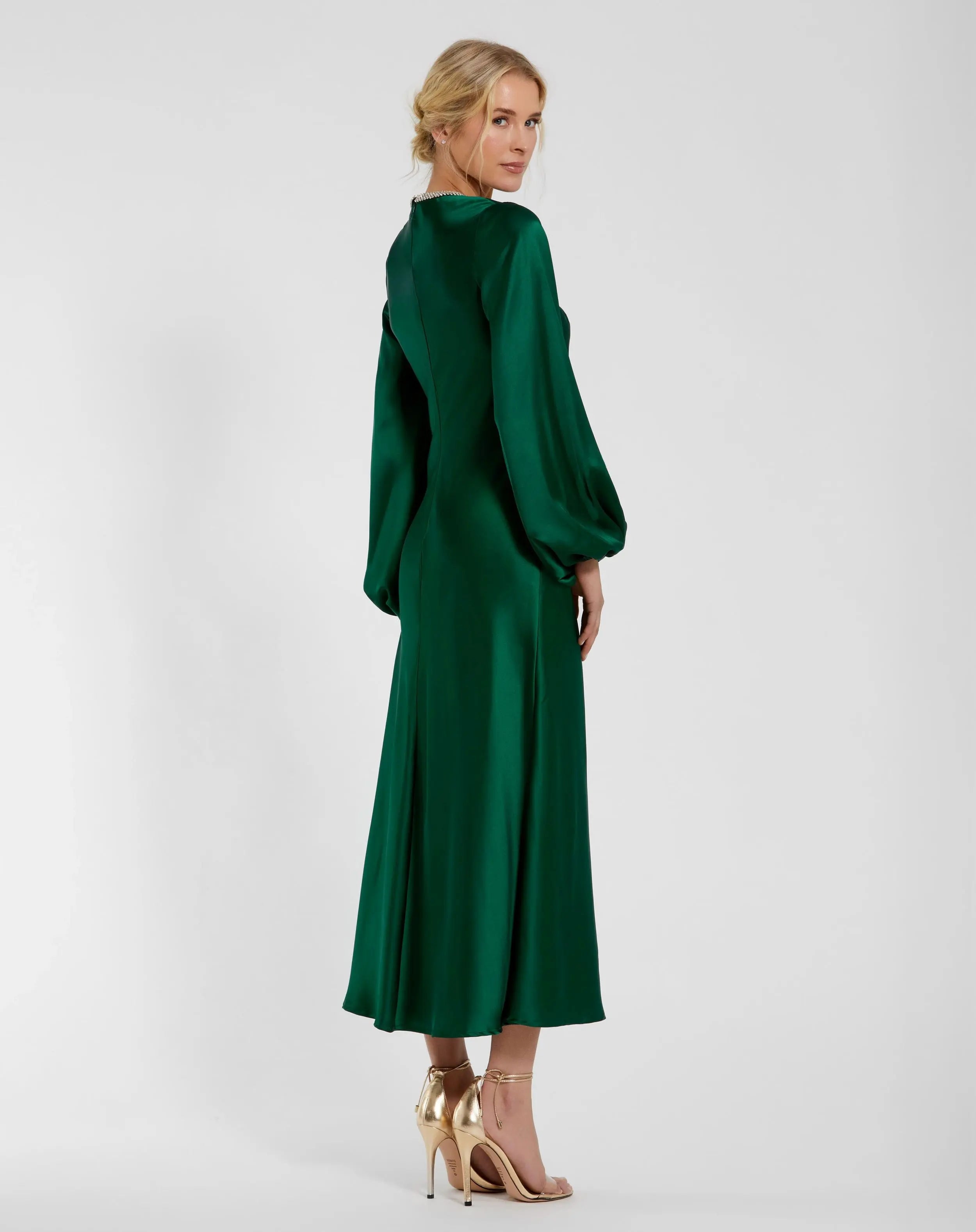 Green High Neck Long Sleeve Crystal Detail Dress - Mac Duggal