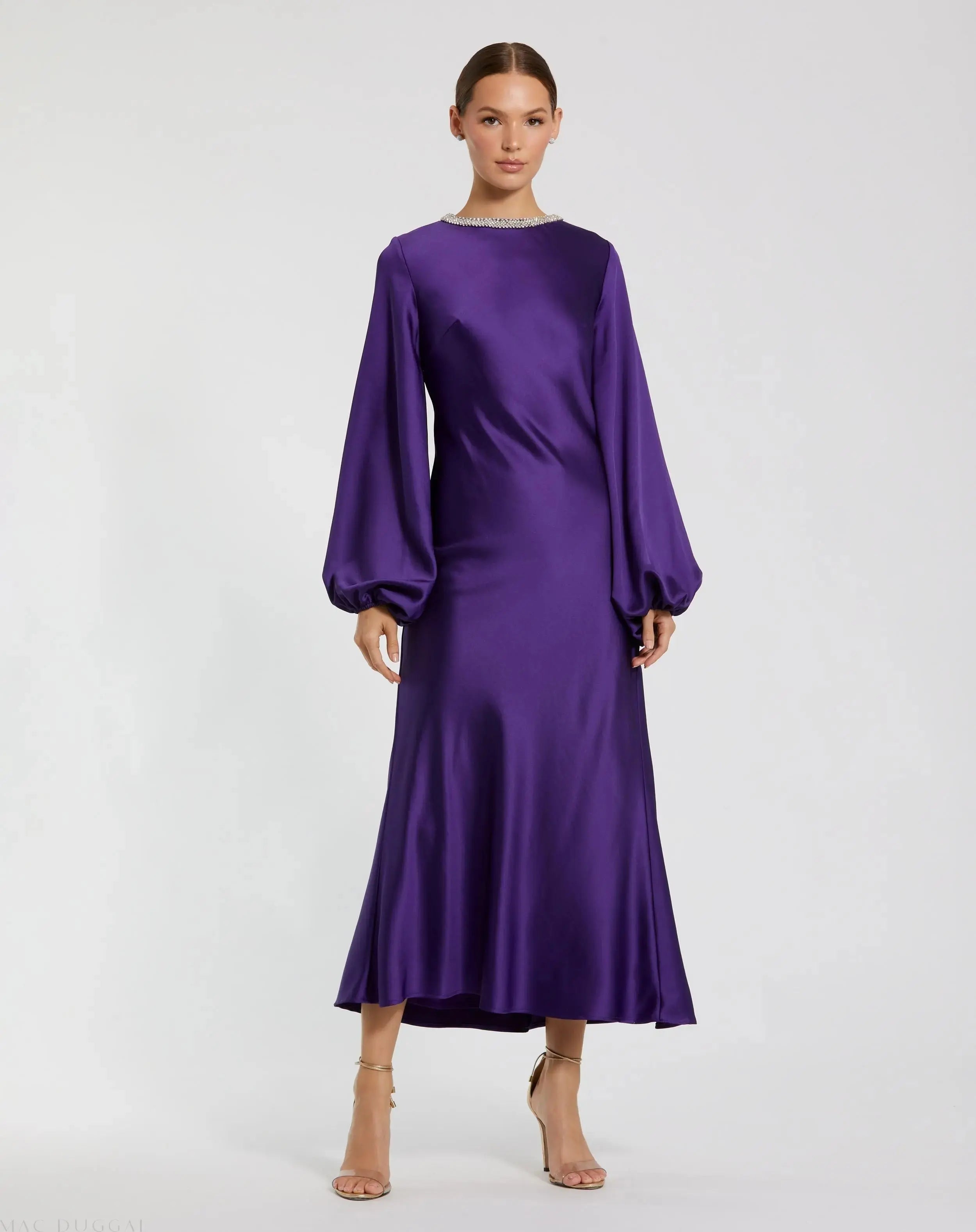 Purple High Neck Long Sleeve Crystal Detail Dress - Mac Duggal