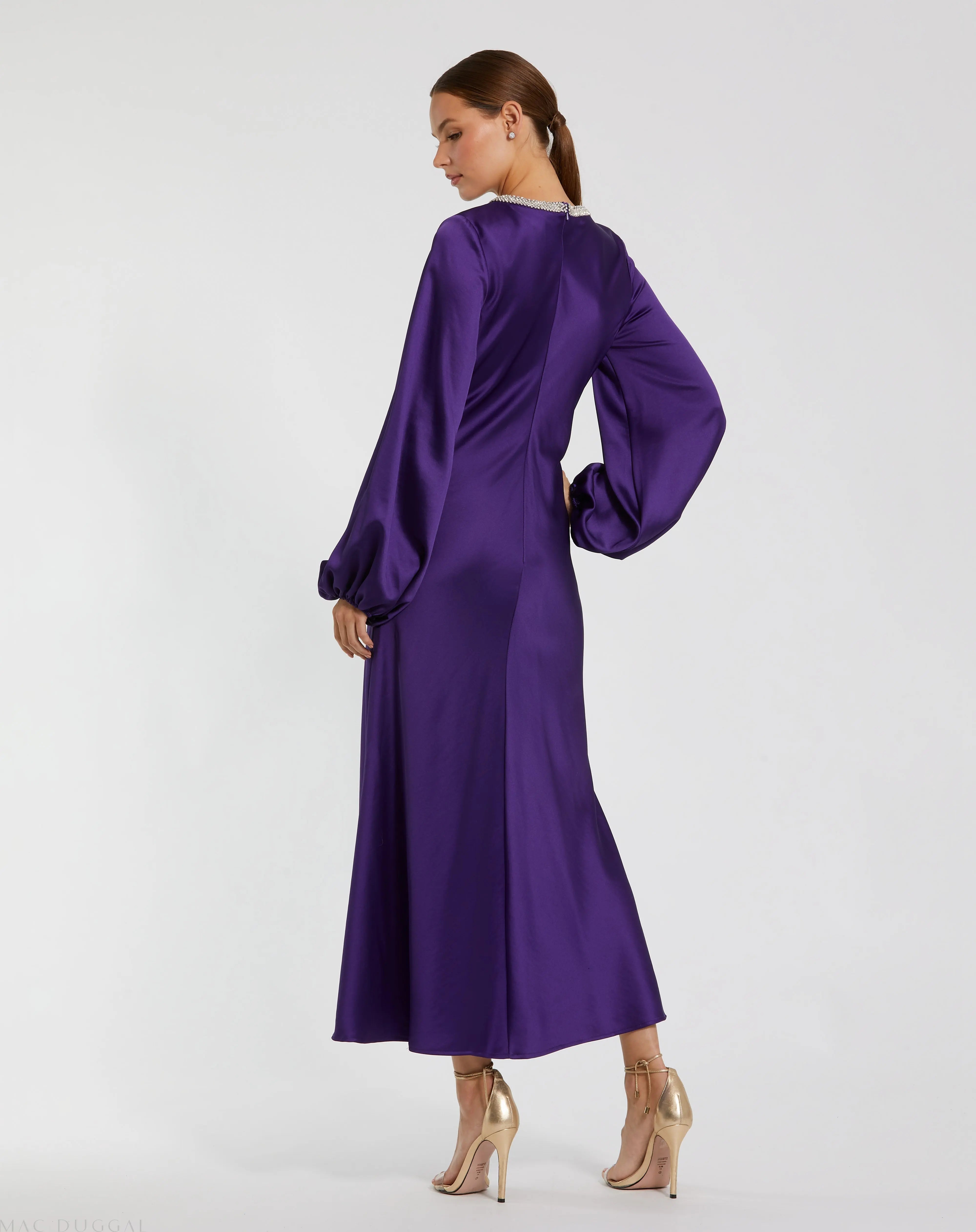 Purple High Neck Long Sleeve Crystal Detail Dress - Mac Duggal