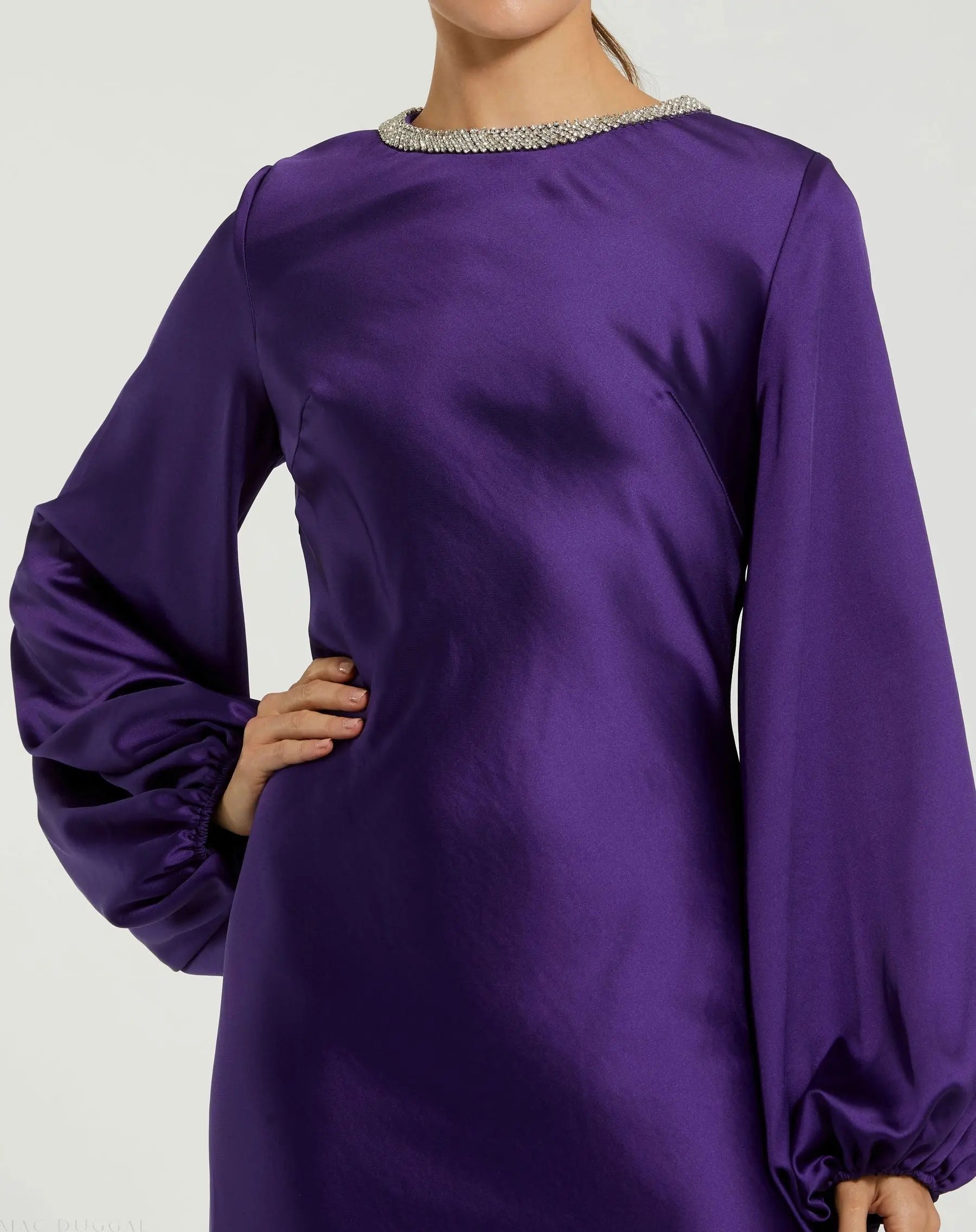 Purple High Neck Long Sleeve Crystal Detail Dress - Mac Duggal