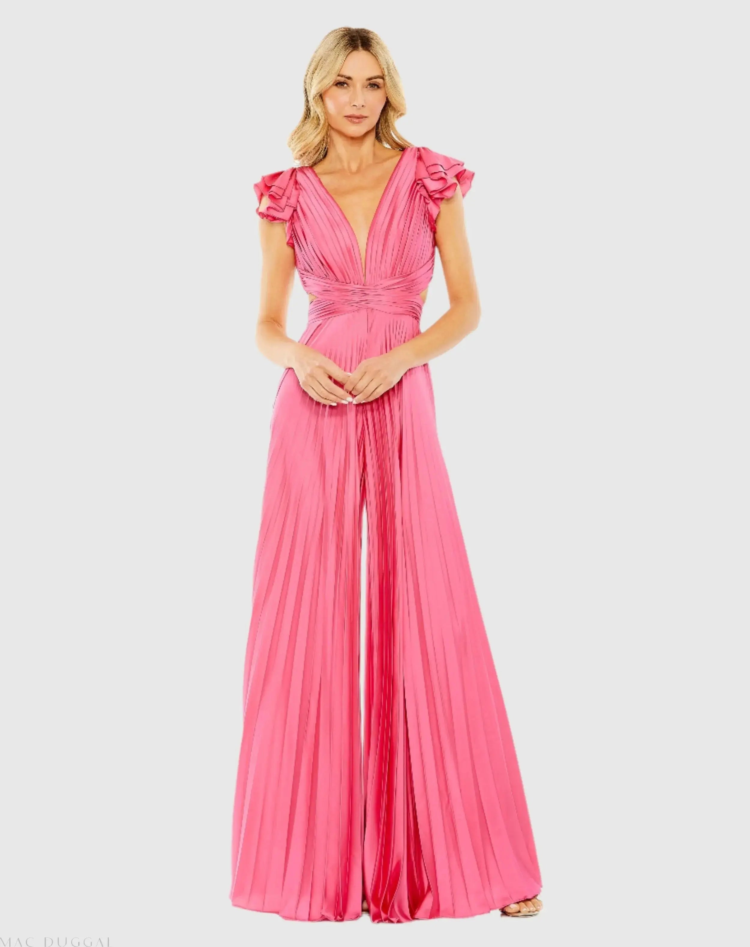 Pink Ruffle Cap Sleeve Cutout Heat Pleated Jumpsuit - Ieena for Mac Duggal