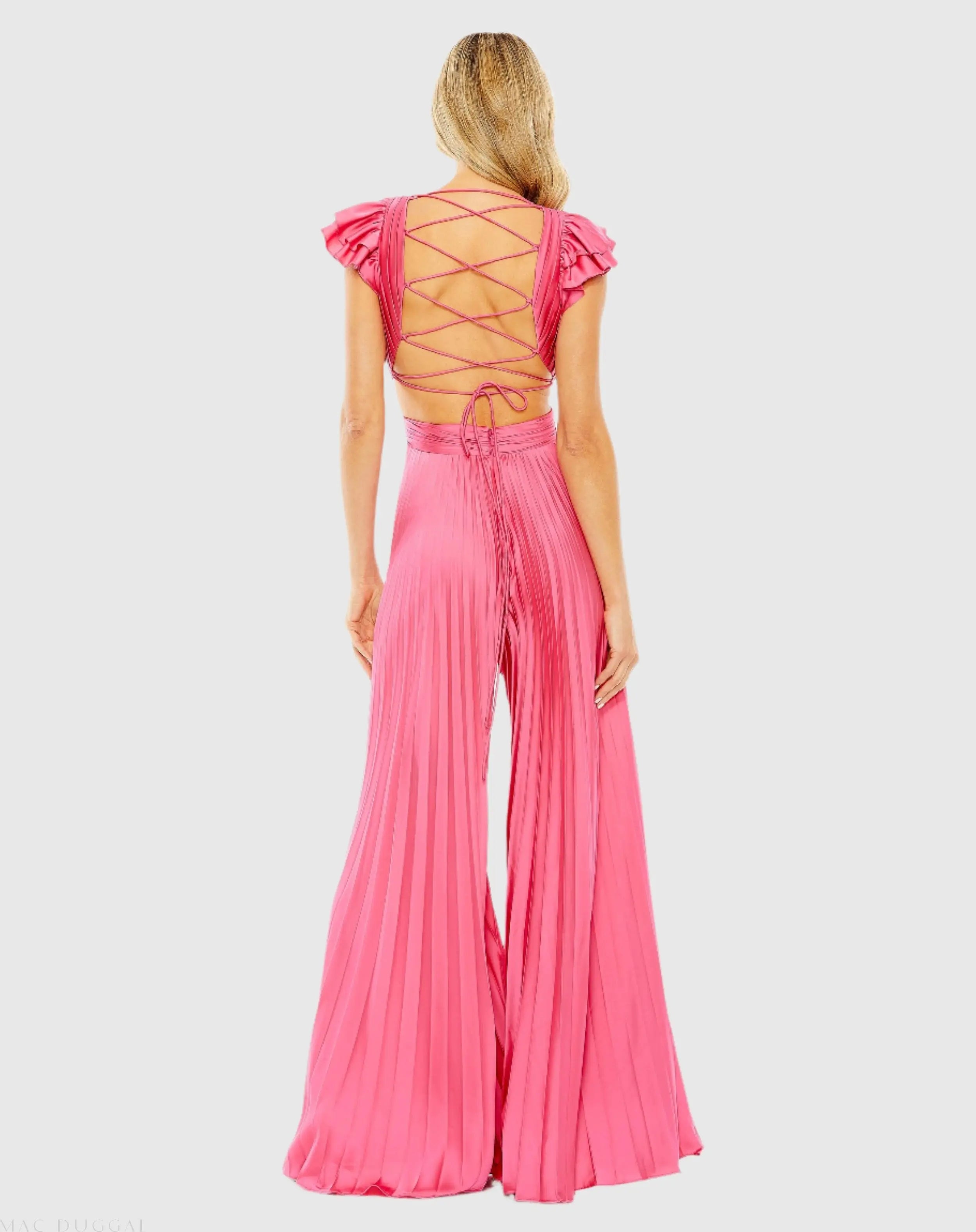 Pink Ruffle Cap Sleeve Cutout Heat Pleated Jumpsuit - Ieena for Mac Duggal