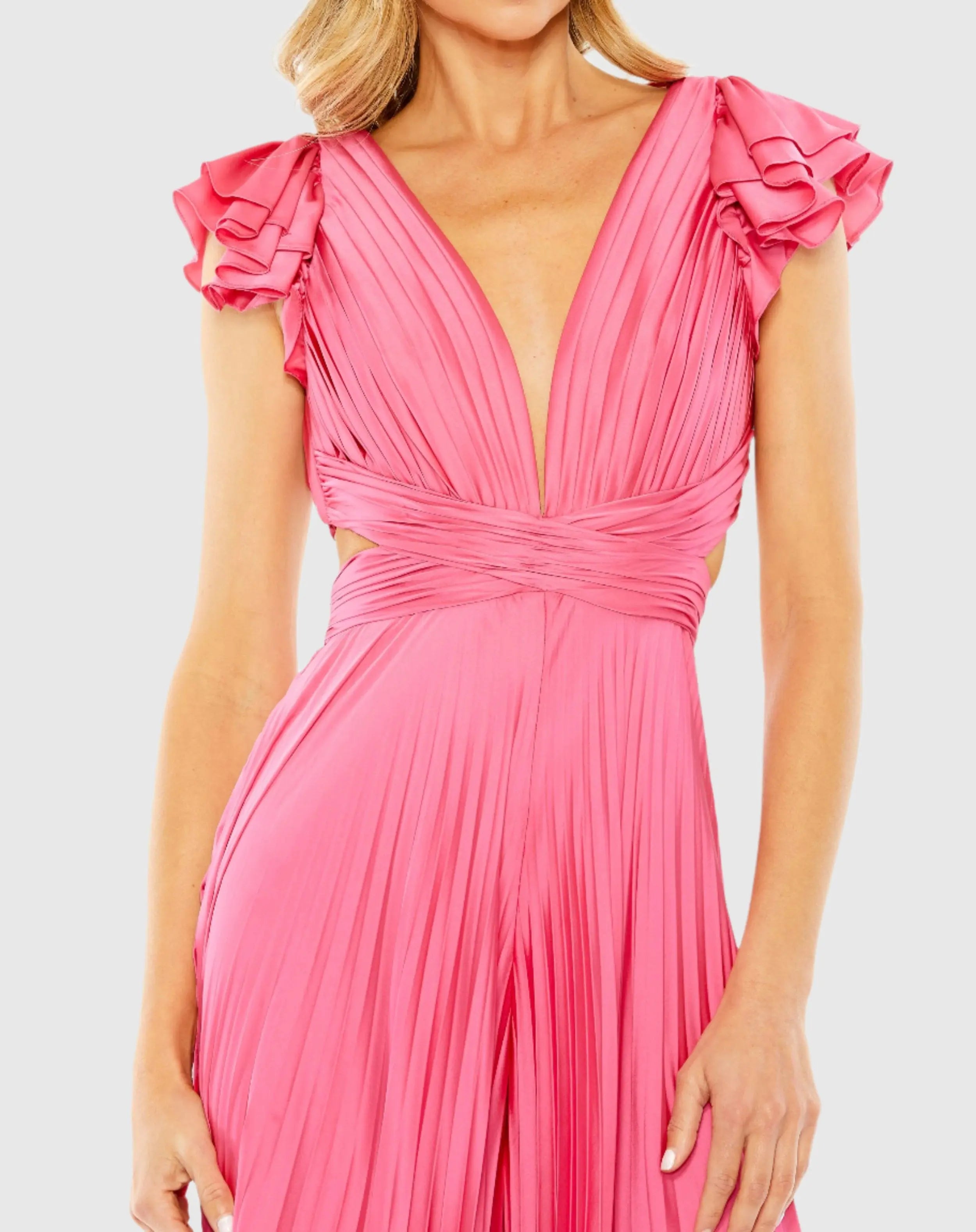 Pink Ruffle Cap Sleeve Cutout Heat Pleated Jumpsuit - Ieena for Mac Duggal