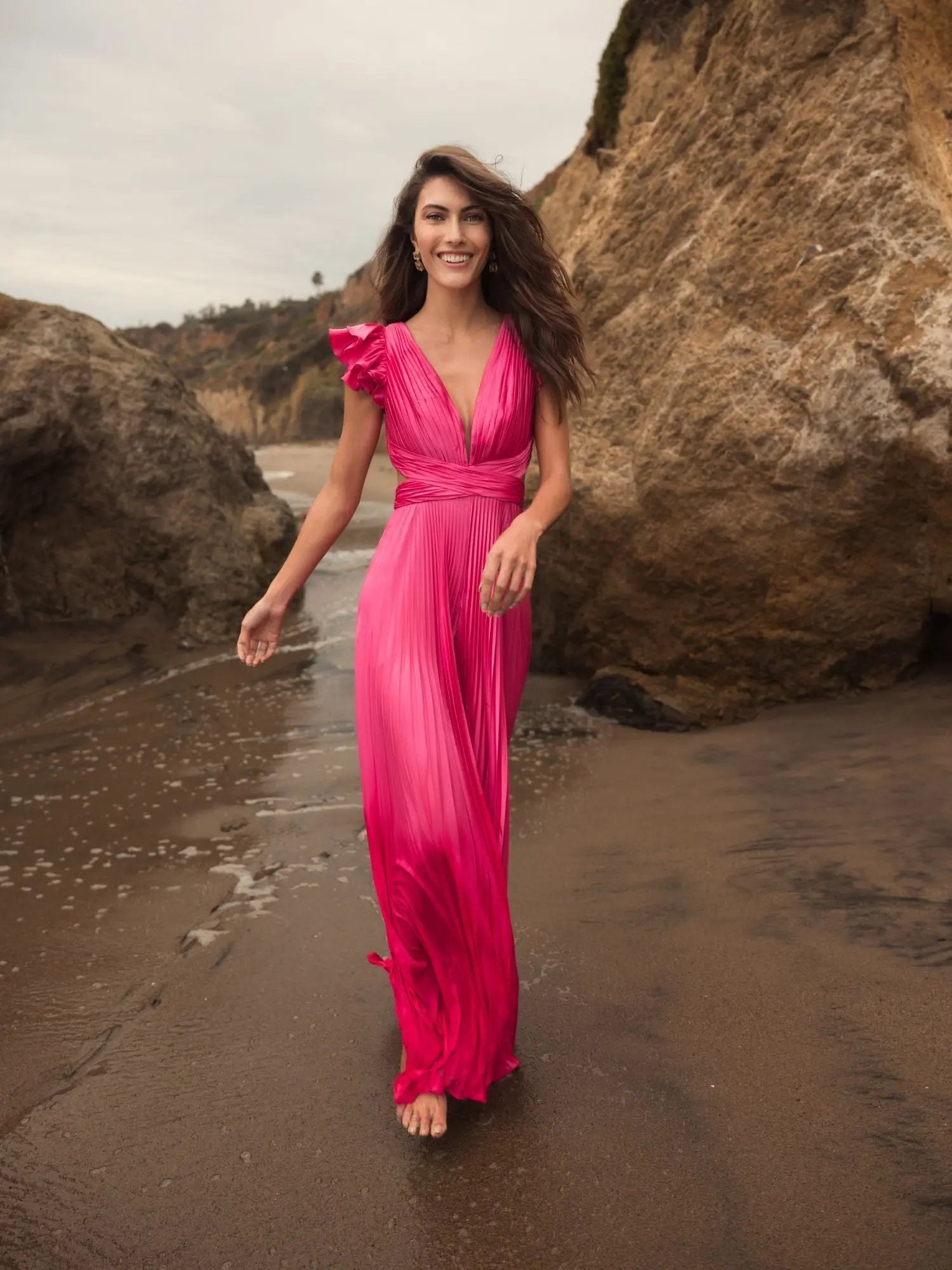 Pink Ruffle Cap Sleeve Cutout Heat Pleated Jumpsuit - Ieena for Mac Duggal