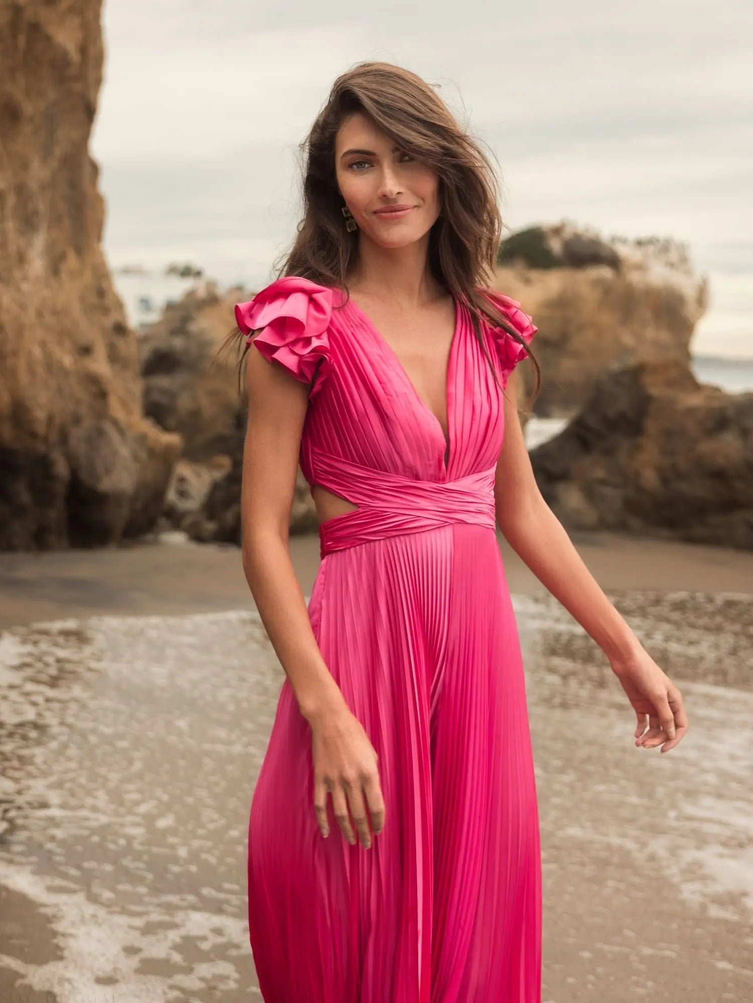 Pink Ruffle Cap Sleeve Cutout Heat Pleated Jumpsuit - Ieena for Mac Duggal