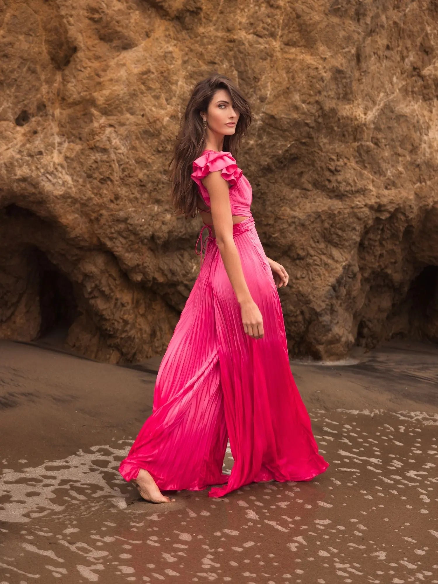 Pink Ruffle Cap Sleeve Cutout Heat Pleated Jumpsuit - Ieena for Mac Duggal