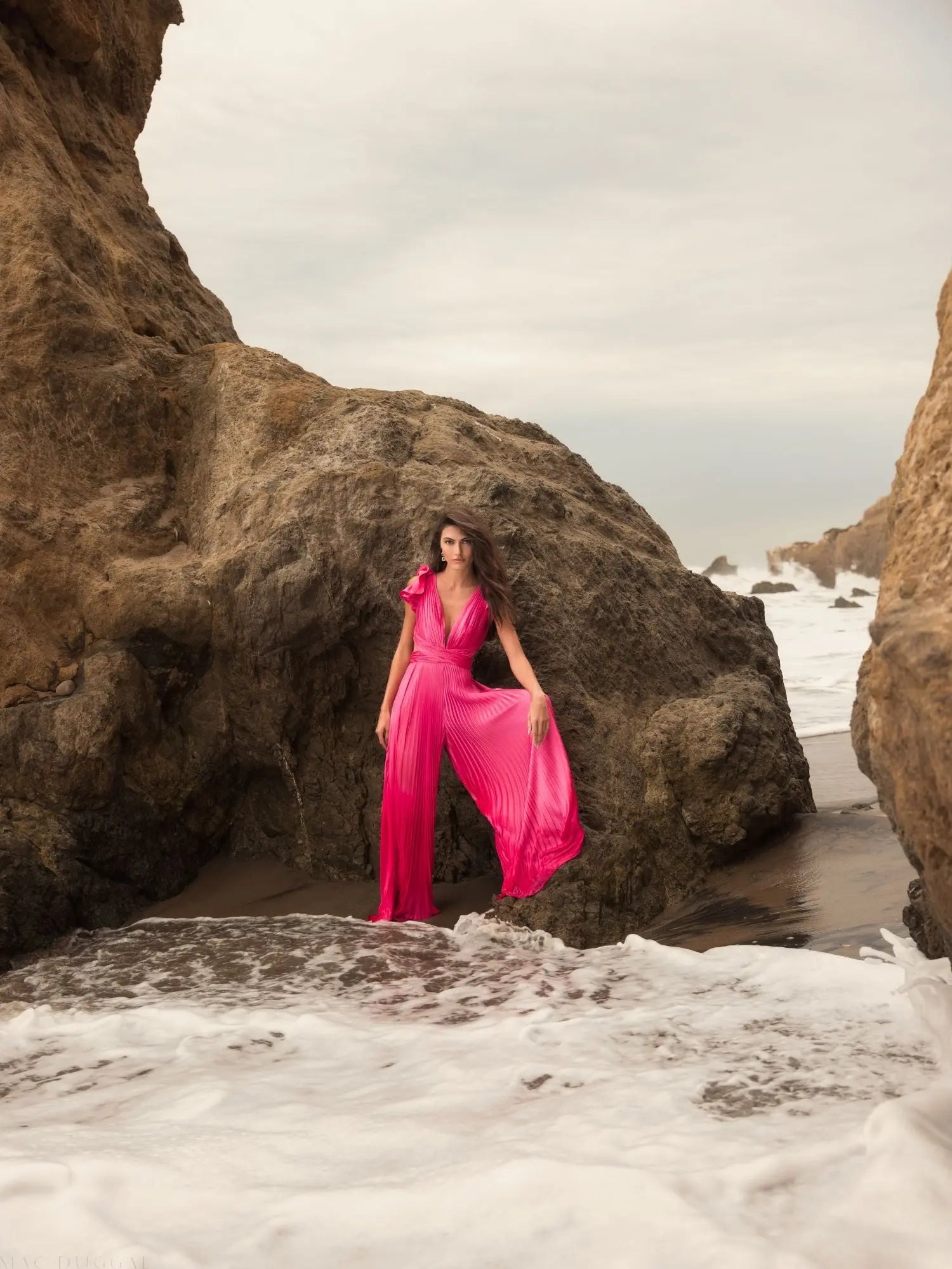 Pink Ruffle Cap Sleeve Cutout Heat Pleated Jumpsuit - Ieena for Mac Duggal