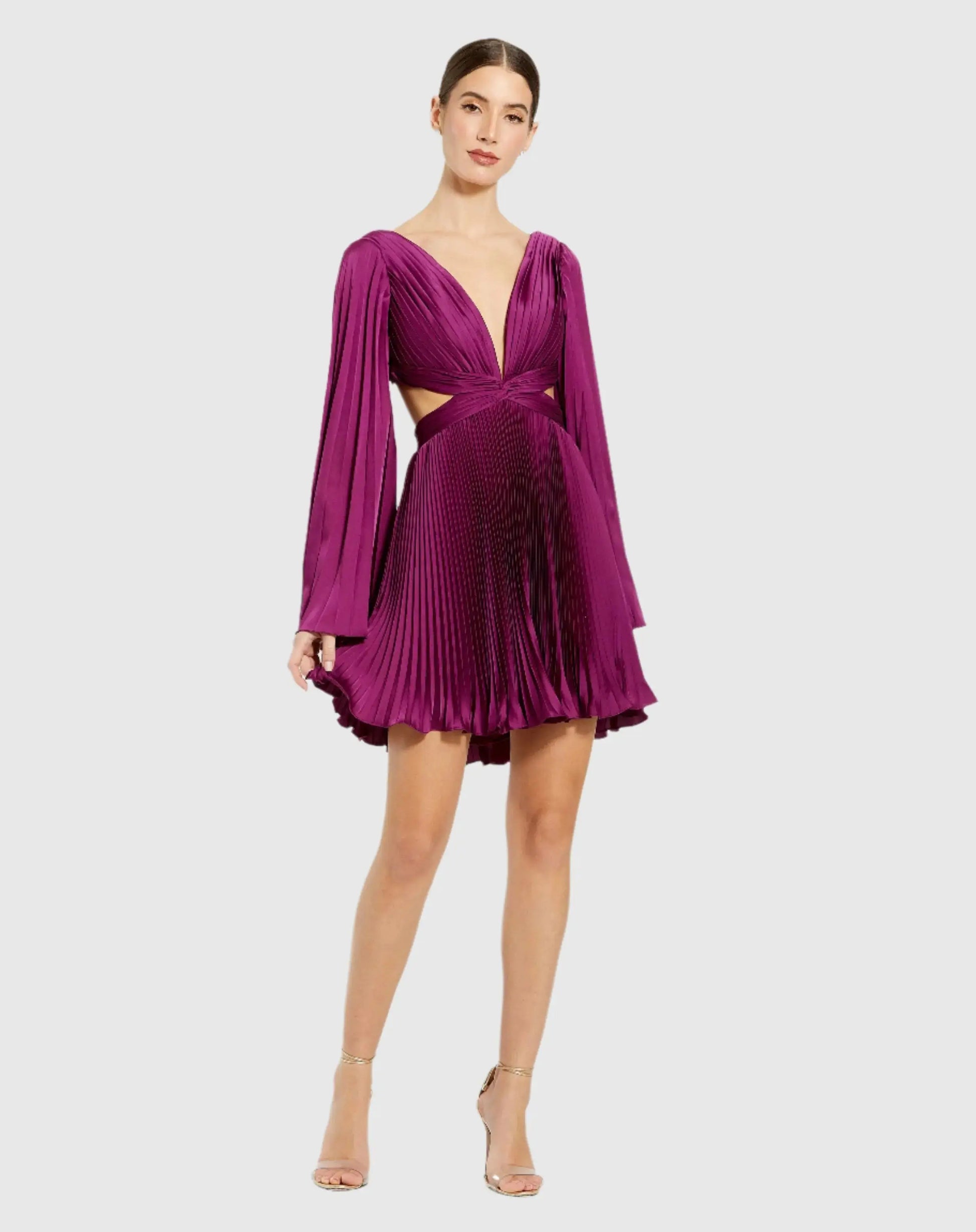 Purple Pleated V-Neck Cutout Long Sleeve Mini Dress