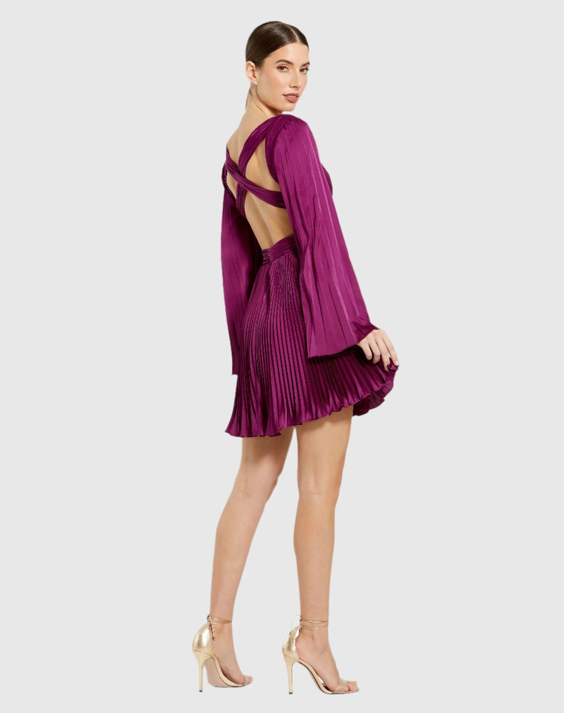Purple Pleated V-Neck Cutout Long Sleeve Mini Dress - Mac Duggal