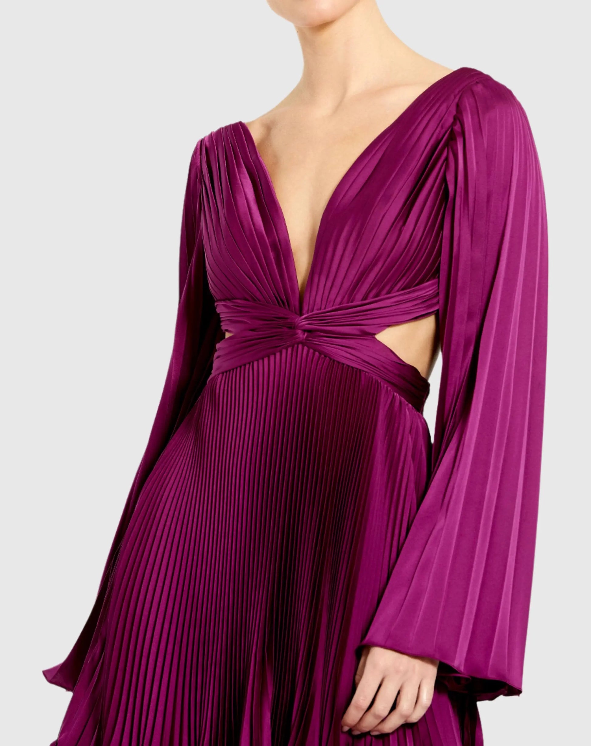 Purple Pleated V-Neck Cutout Long Sleeve Mini Dress - Mac Duggal
