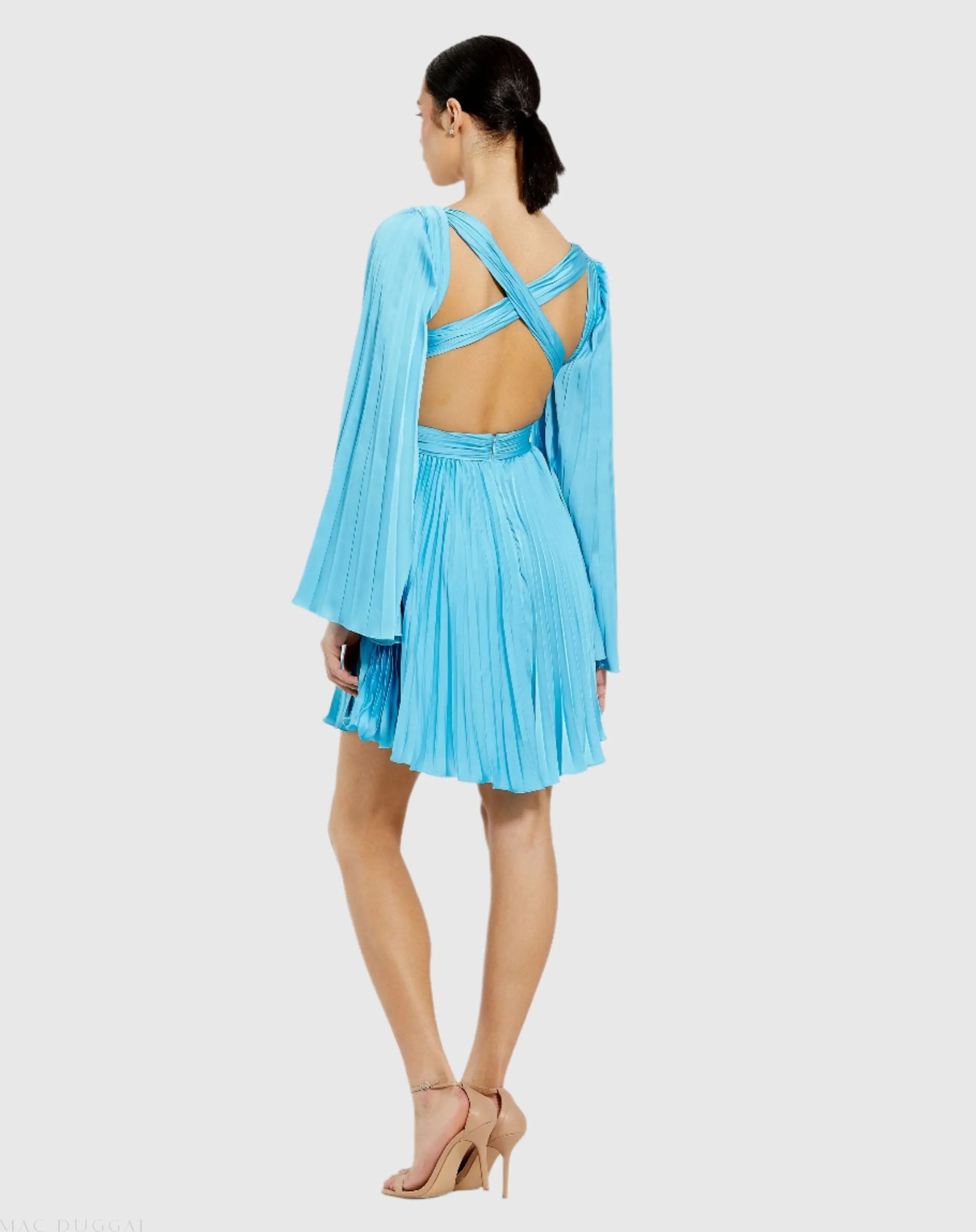 Blue Pleated V-Neck Cutout Long Sleeve Mini Dress Blue Pleated V-Neck Cutout Long Sleeve Mini Dress