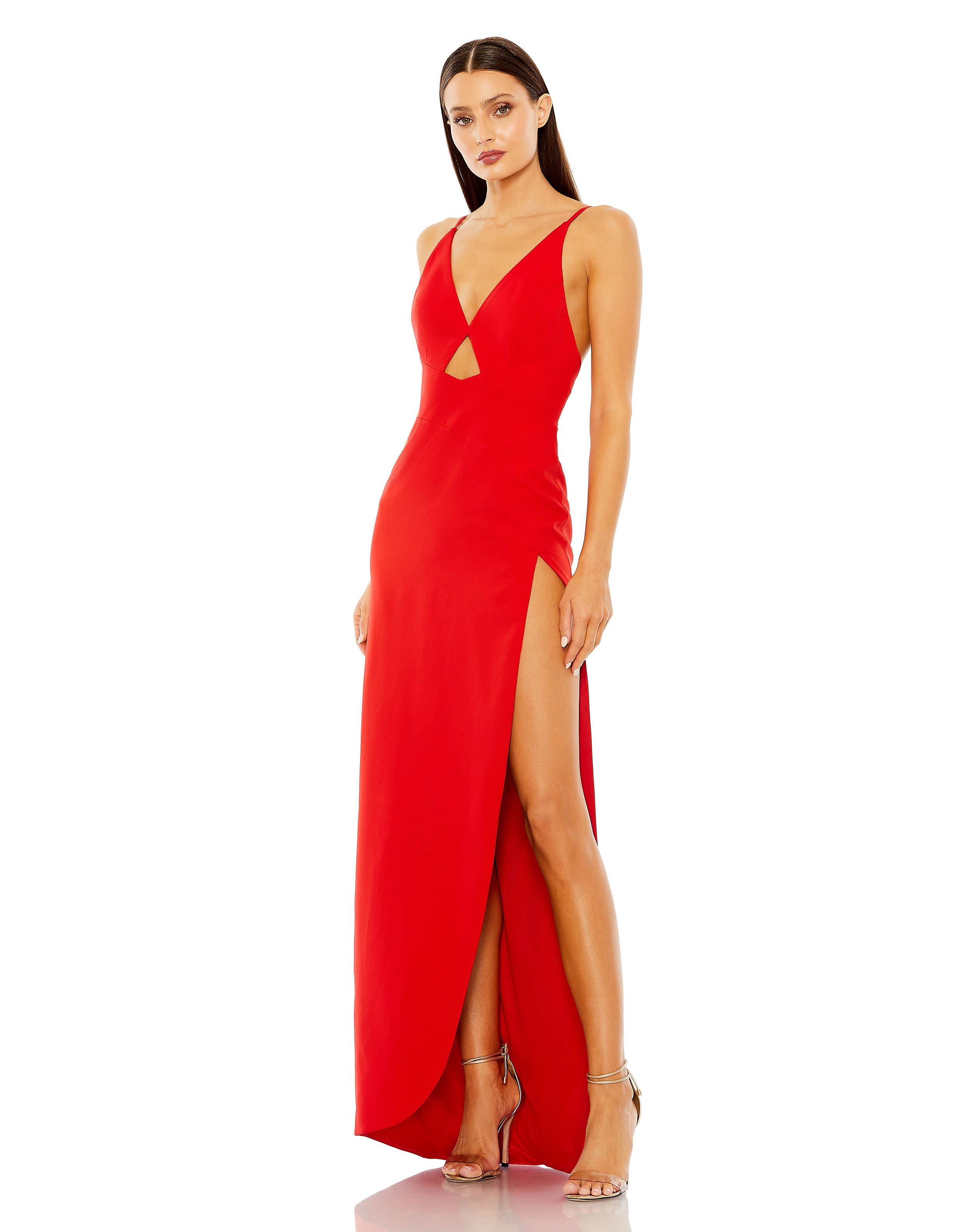 Thin Strap Cutout High Slit V-Neck Gown