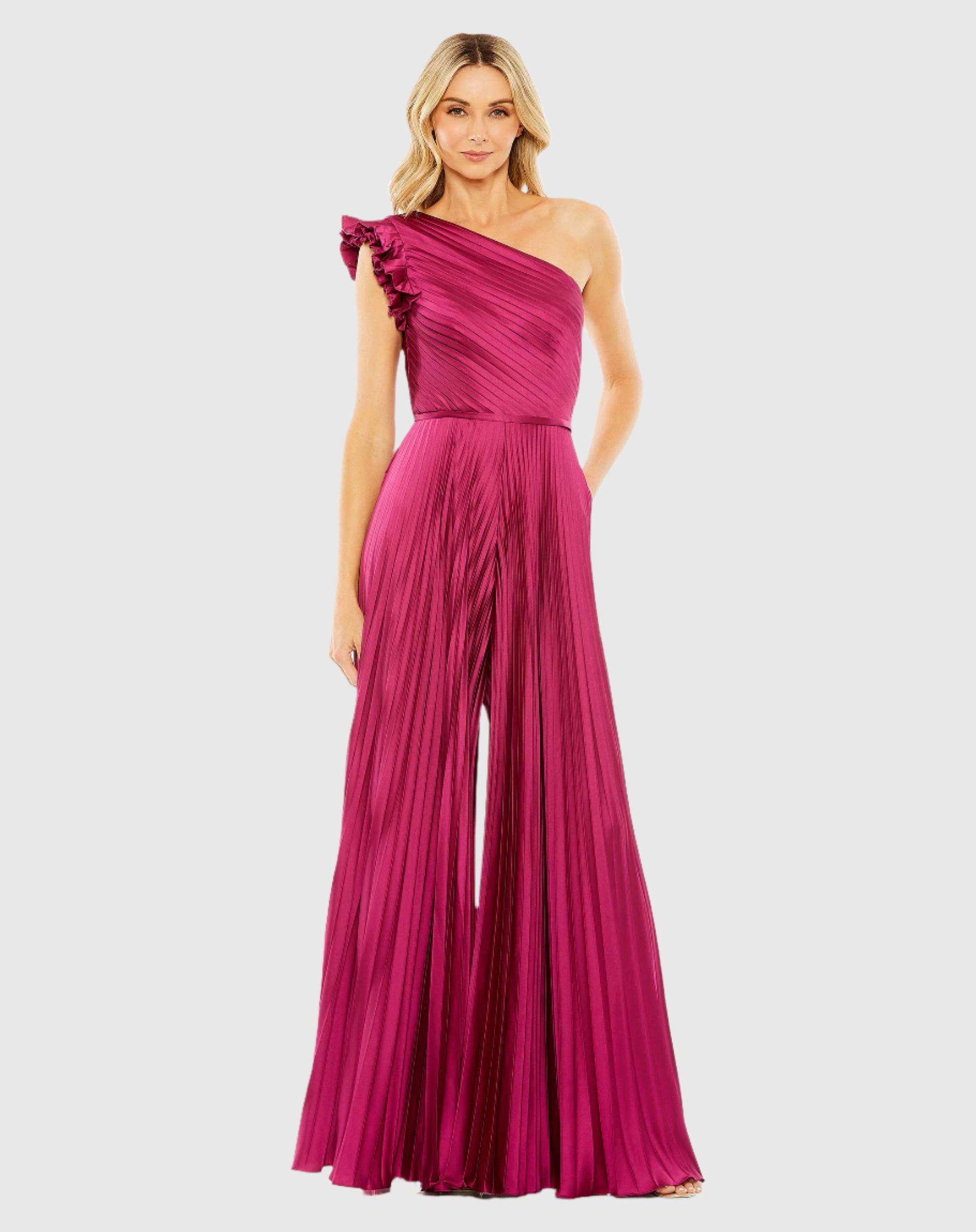 One Shoulder Charmeuse Heat Pleated Jumpsuit