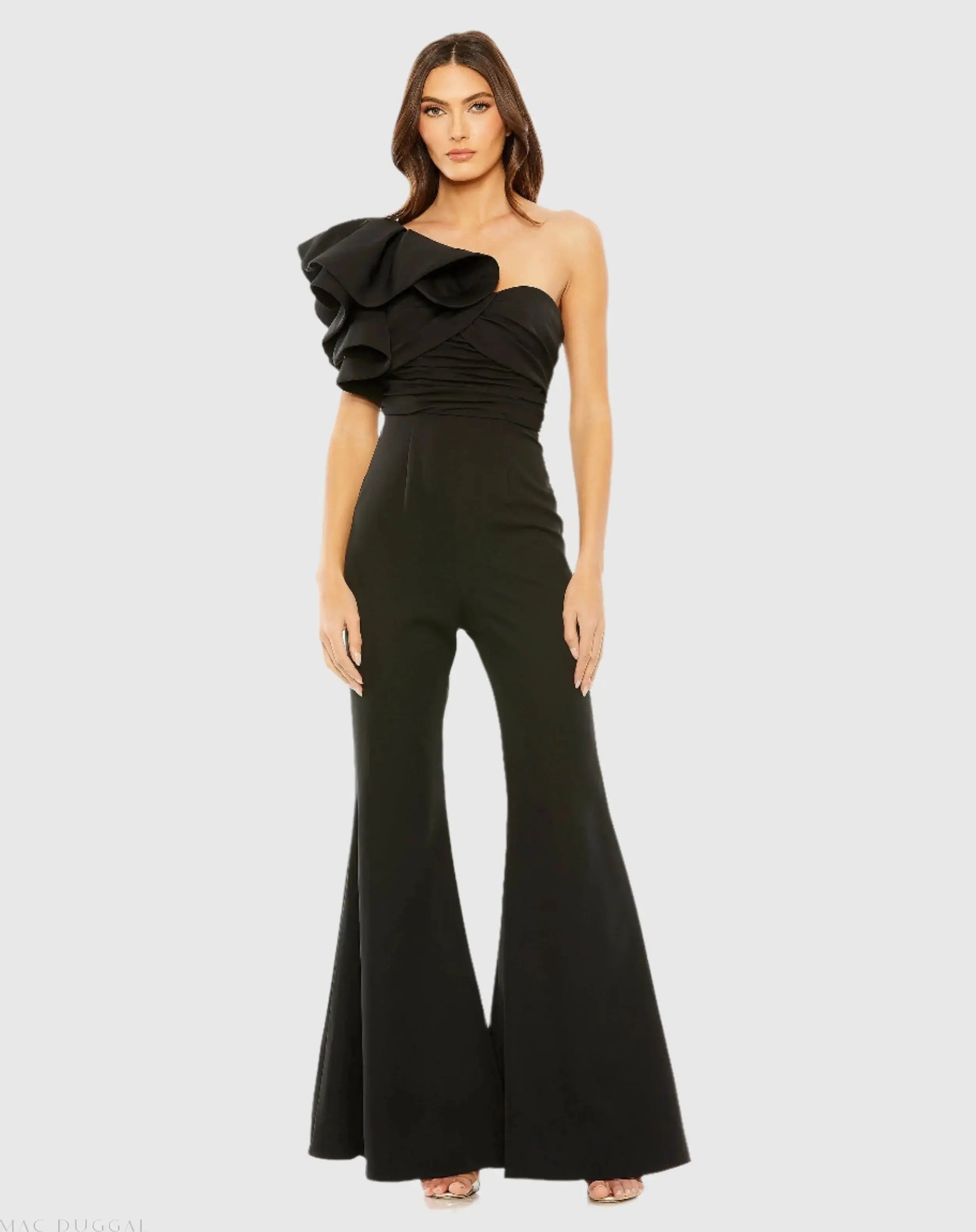 One Shoulder Ruffle Detail Flare Pant Jumpsuit - Mac Duggal One Shoulder Ruffle Detail Flare Pant Jumpsuit - Mac Duggal