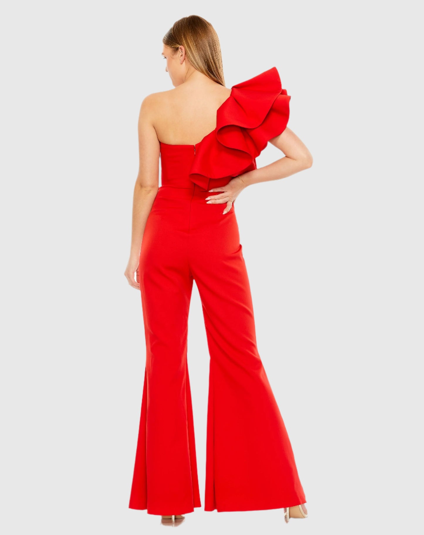 One Shoulder Ruffle Detail Flare Pant Jumpsuit