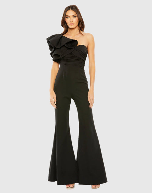 One Shoulder Ruffle Detail Flare Pant Jumpsuit