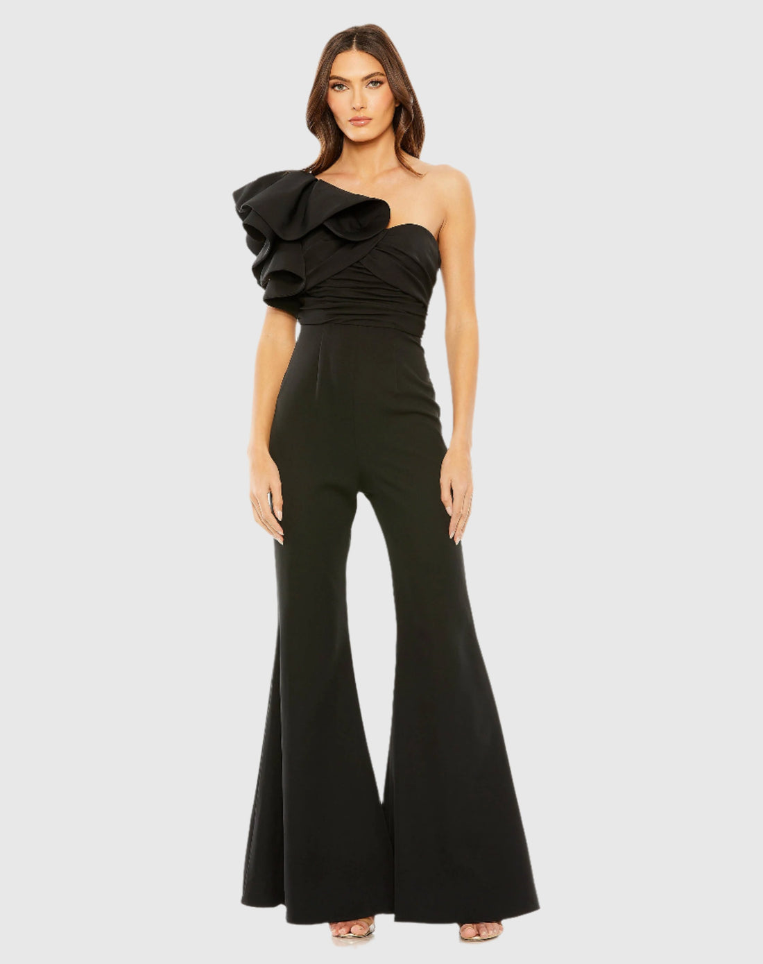 One Shoulder Ruffle Detail Flare Pant Jumpsuit