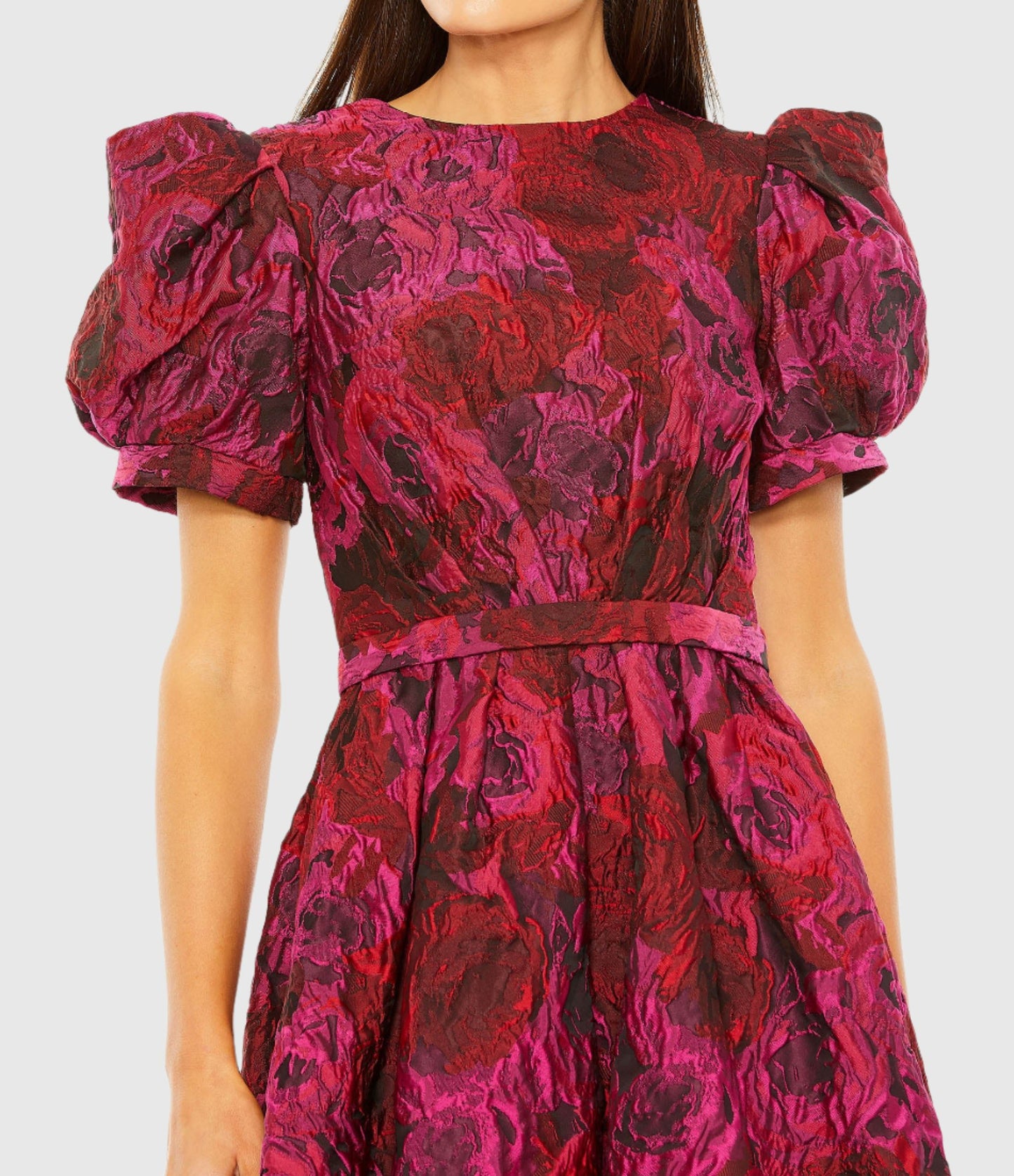 Puff Sleeve Brocade Mini Dress