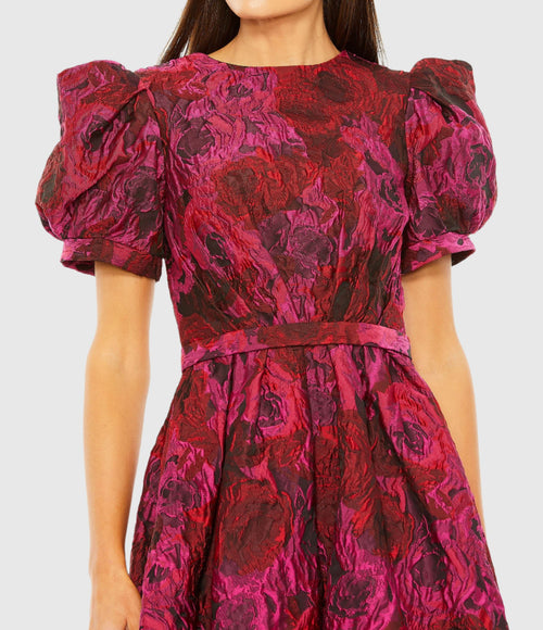 Puff Sleeve Brocade Mini Dress