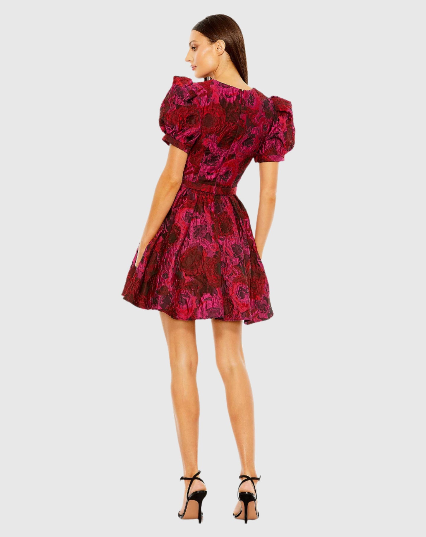 Puff Sleeve Brocade Mini Dress