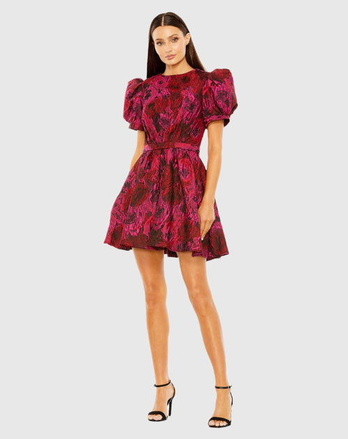 Puff Sleeve Brocade Mini Dress