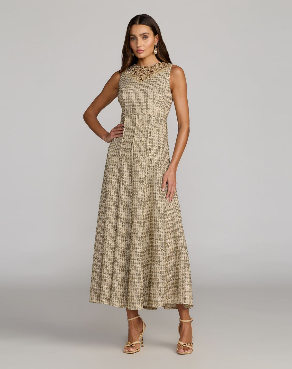 Nude Gold Embellished Boucle Sleeveless A-Line Dress - Mac Duggal