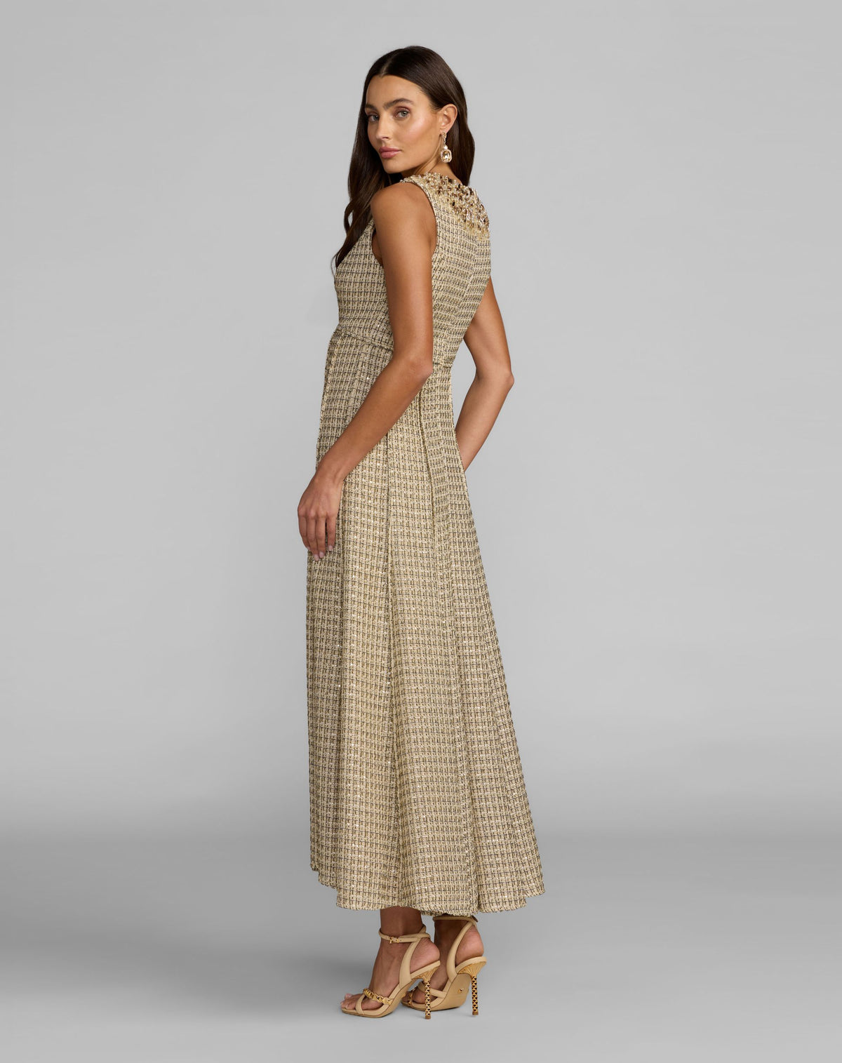 Nude Gold Embellished Boucle Sleeveless A-Line Dress - Mac Duggal