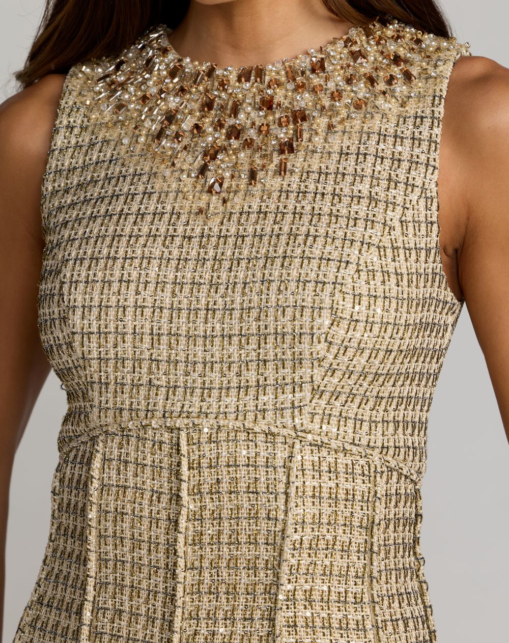 Nude Gold Embellished Boucle Sleeveless A-Line Dress - Mac Duggal