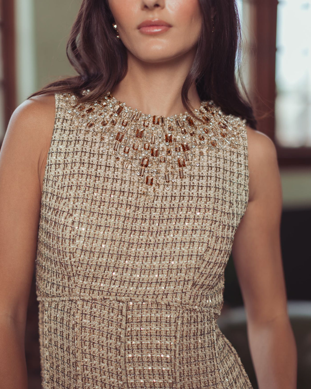 Nude Gold Embellished Boucle Sleeveless A-Line Dress - Mac Duggal 