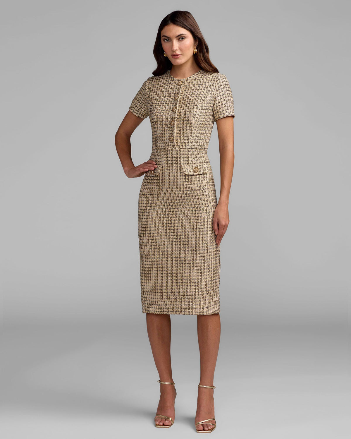 Nude Gold Boucle Button Front Midi Dress - Ieena for Mac Duggal
