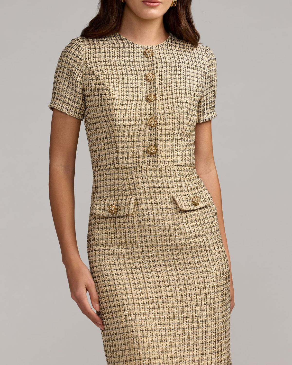 Nude Gold Boucle Button Front Midi Dress - Ieena for Mac Duggal